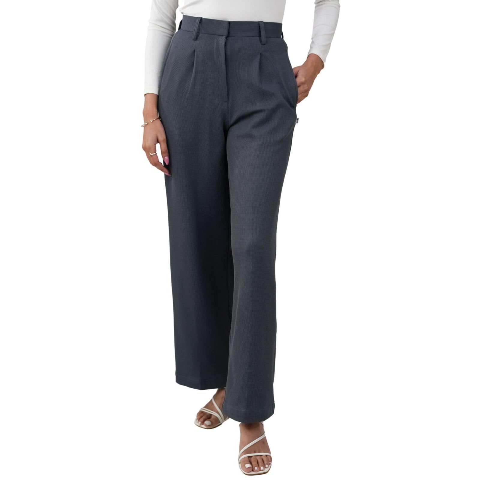 Greciilooks Women High Rise High Waist Wide Leg Trousers | Casual & Formal Pants |Loose Fit Track Pants | Gymwear | Cargo Pants | Elegant Office Wear | Stylish Jeans Look (Gl-Tr1191-S-Grey)