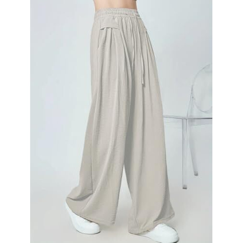 Greciilooks Women Textured | Loose Fit Trousers | High-Waisted High Rise Pant Pants | Korean Trousers (In, Alpha, Medium, Regular, Beige)