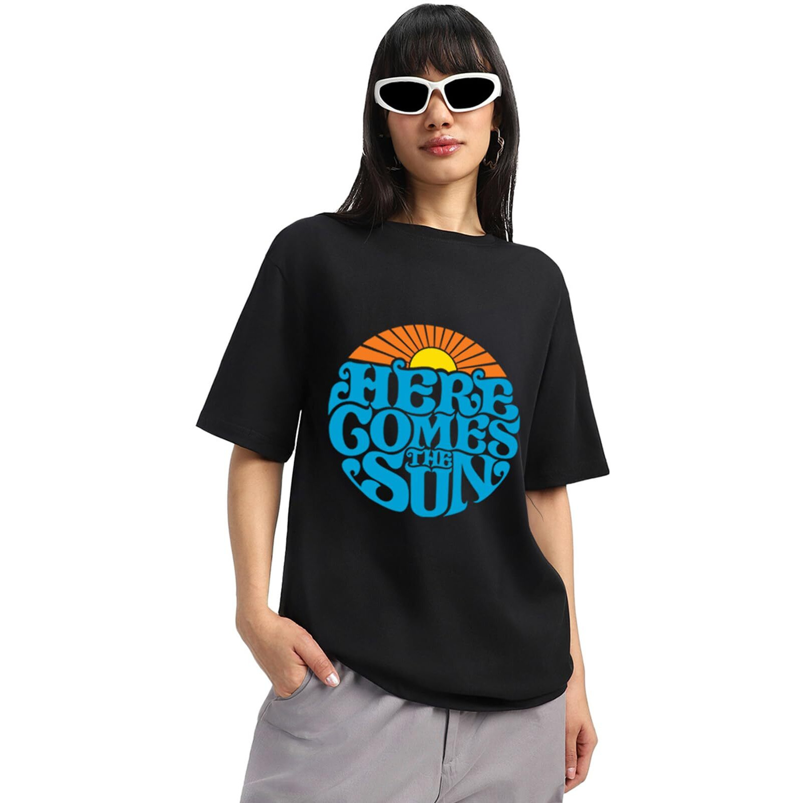 Juneberry 100% Pure Cotton Oversized Baggy Fit Round Neck T-Shirt For Women & Girls (Sizes S To 2Xl) (Os_Jb_Hrcthsun26_Bl_S) Black