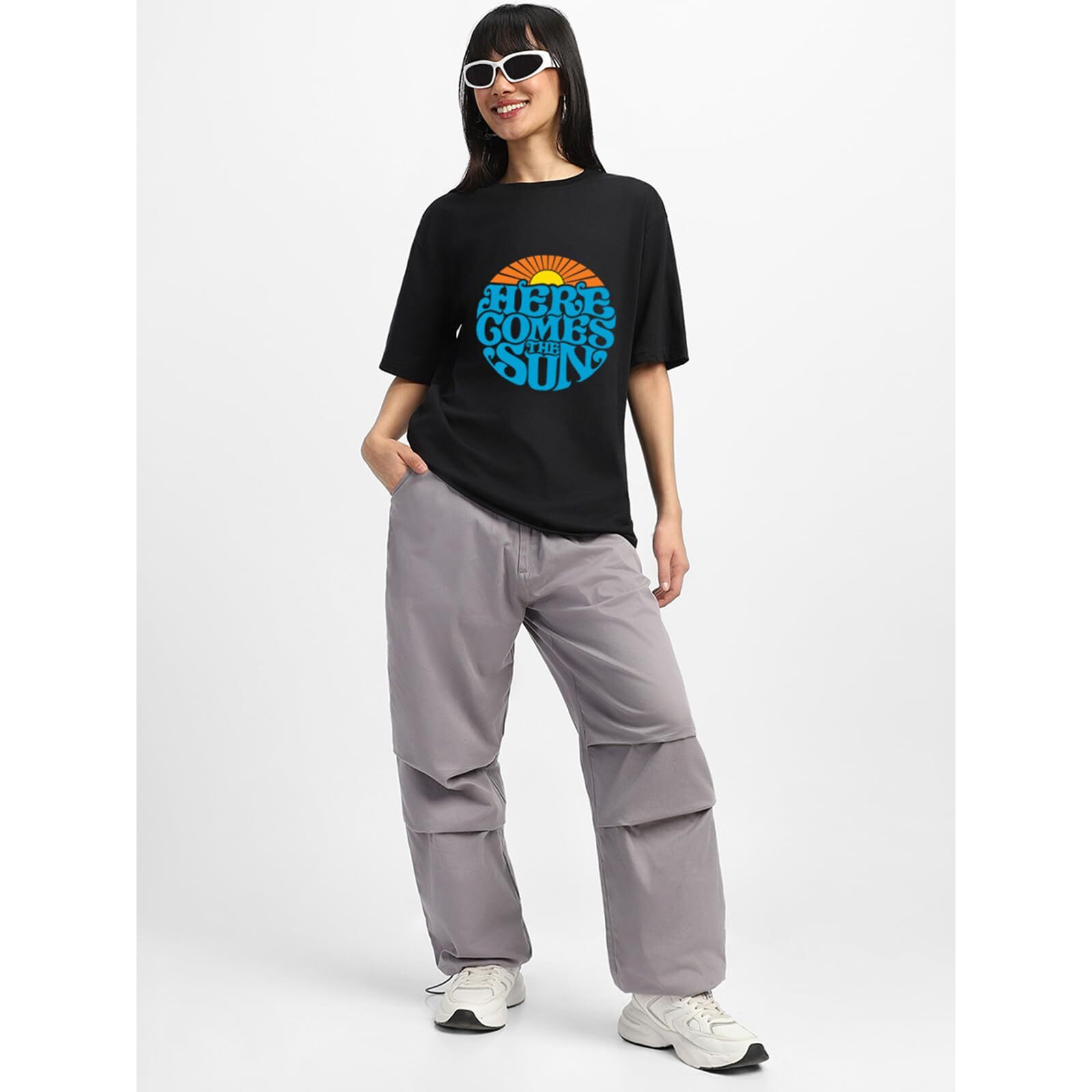 Juneberry 100% Pure Cotton Oversized Baggy Fit Round Neck T-Shirt For Women & Girls (Sizes S To 2Xl) (Os_Jb_Hrcthsun26_Bl_S) Black