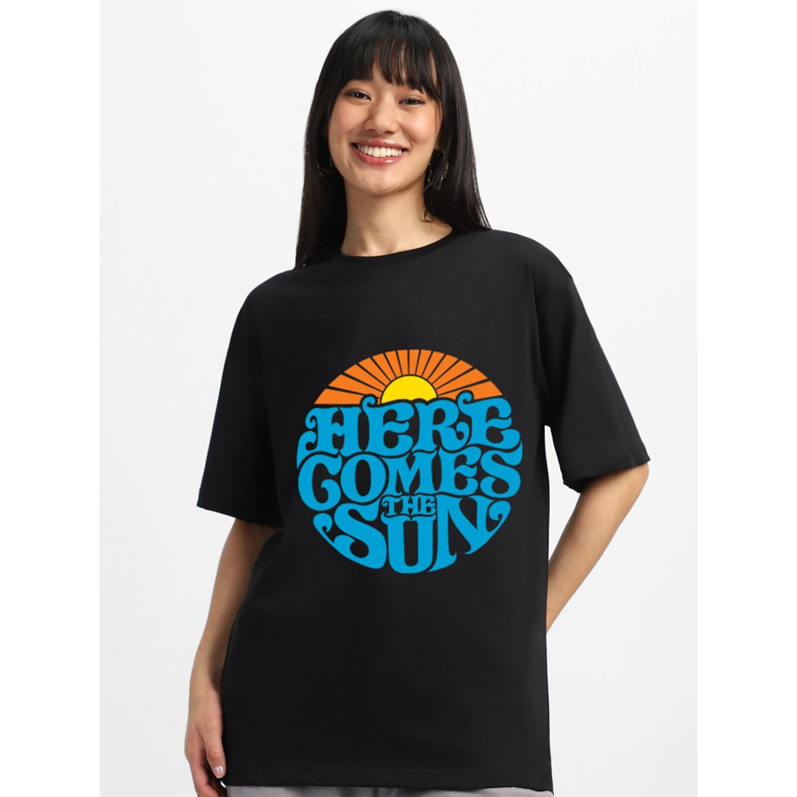Juneberry 100% Pure Cotton Oversized Baggy Fit Round Neck T-Shirt For Women & Girls (Sizes S To 2Xl) (Os_Jb_Hrcthsun26_Bl_S) Black