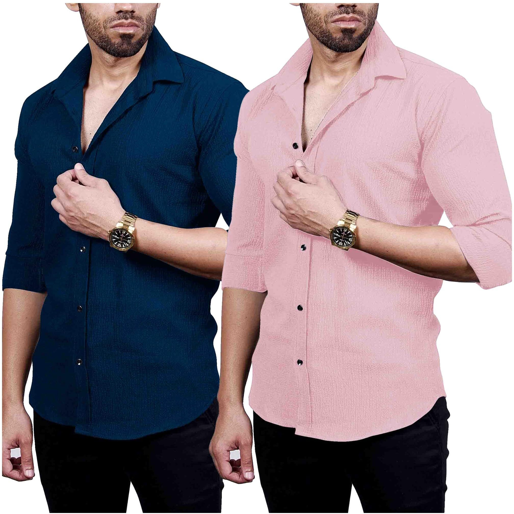 I Enterprise Men's Regular Fit Solid Soft Touch Cotton Casual Shirt Design With Spread Collar & Full Sleeve Pack Of 2_Color_Multicolor2 Size -Medium