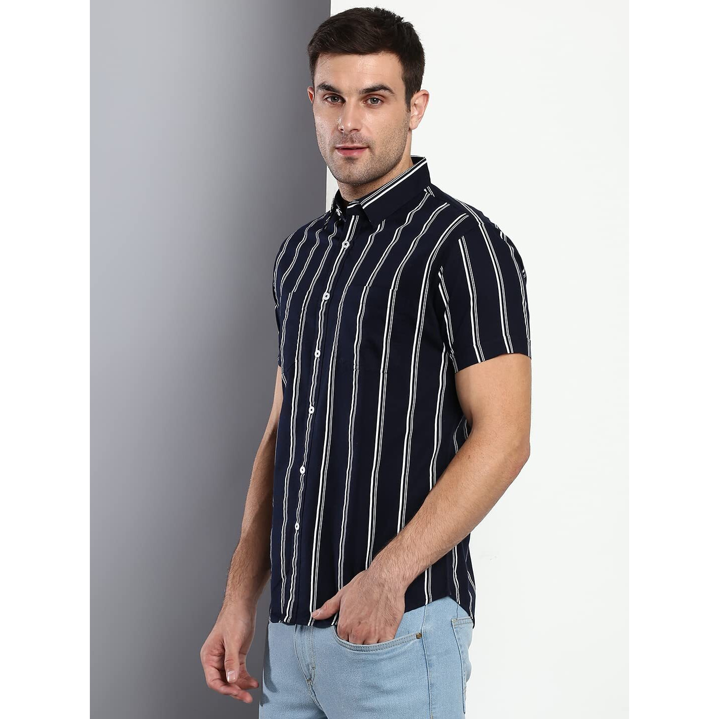 Dennis Lingo Men's Striped Navy Slim Fit Cotton Casual Shirt With Spread Collar & Half Sleeves (Navy) (Small) (C840_Navy_S)