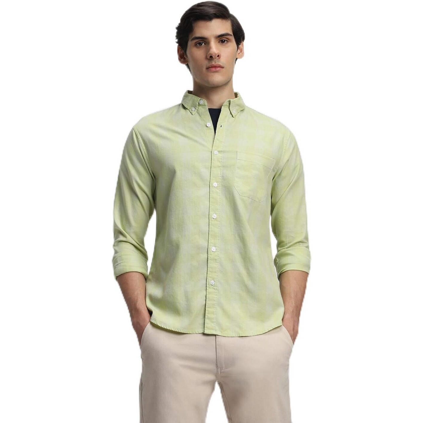 Dennis Lingo Beige Checkered Button Down Collar Casual Shirt (Dlmshw23129_Be_M)