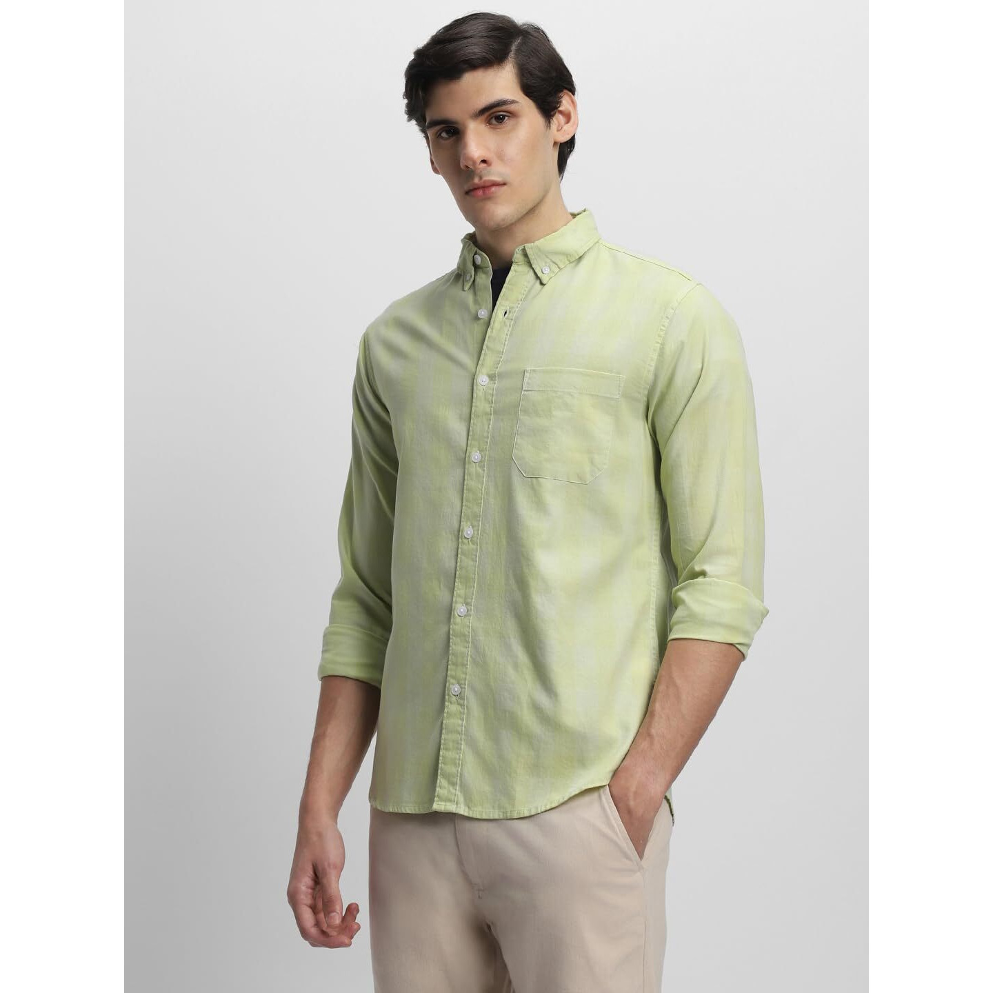 Dennis Lingo Beige Checkered Button Down Collar Casual Shirt (Dlmshw23129_Be_M)