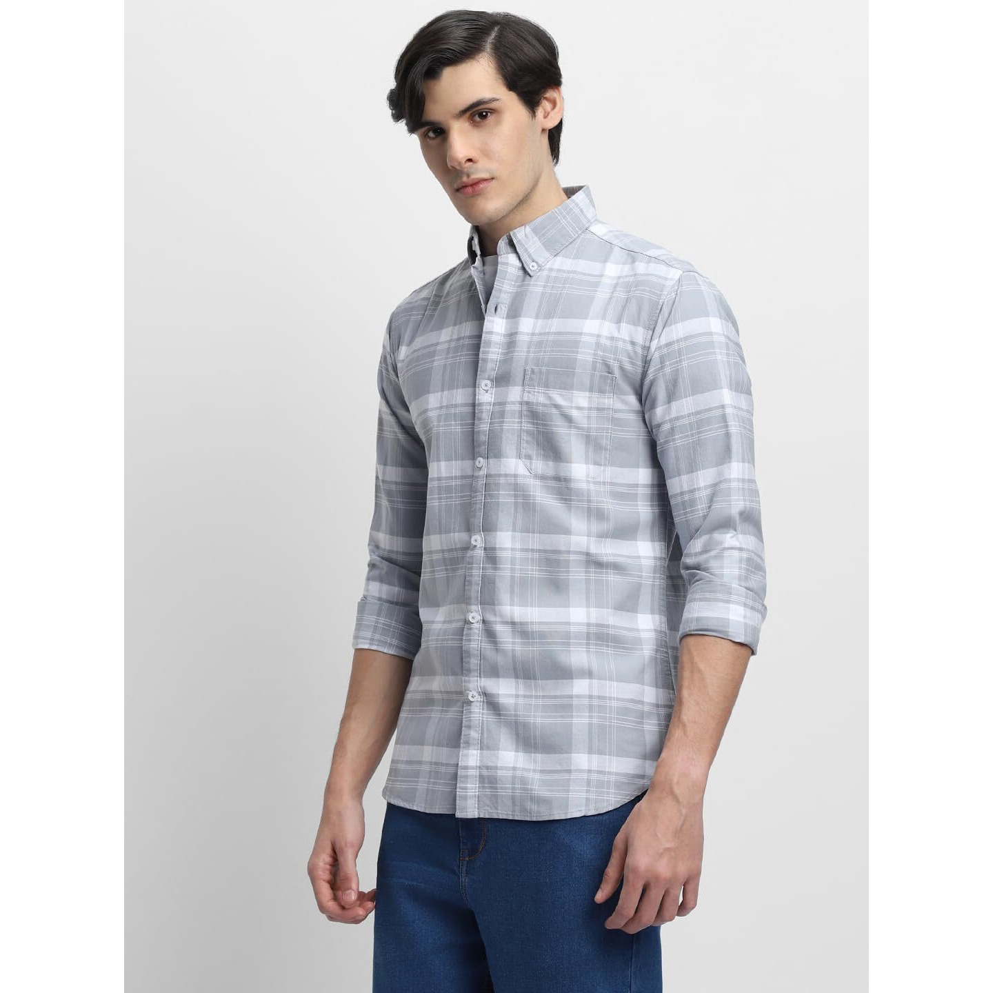 Dennis Lingo Grey Checkered Button Down Collar Casual Shirt (Dlmshs23521_Gr_Xl)