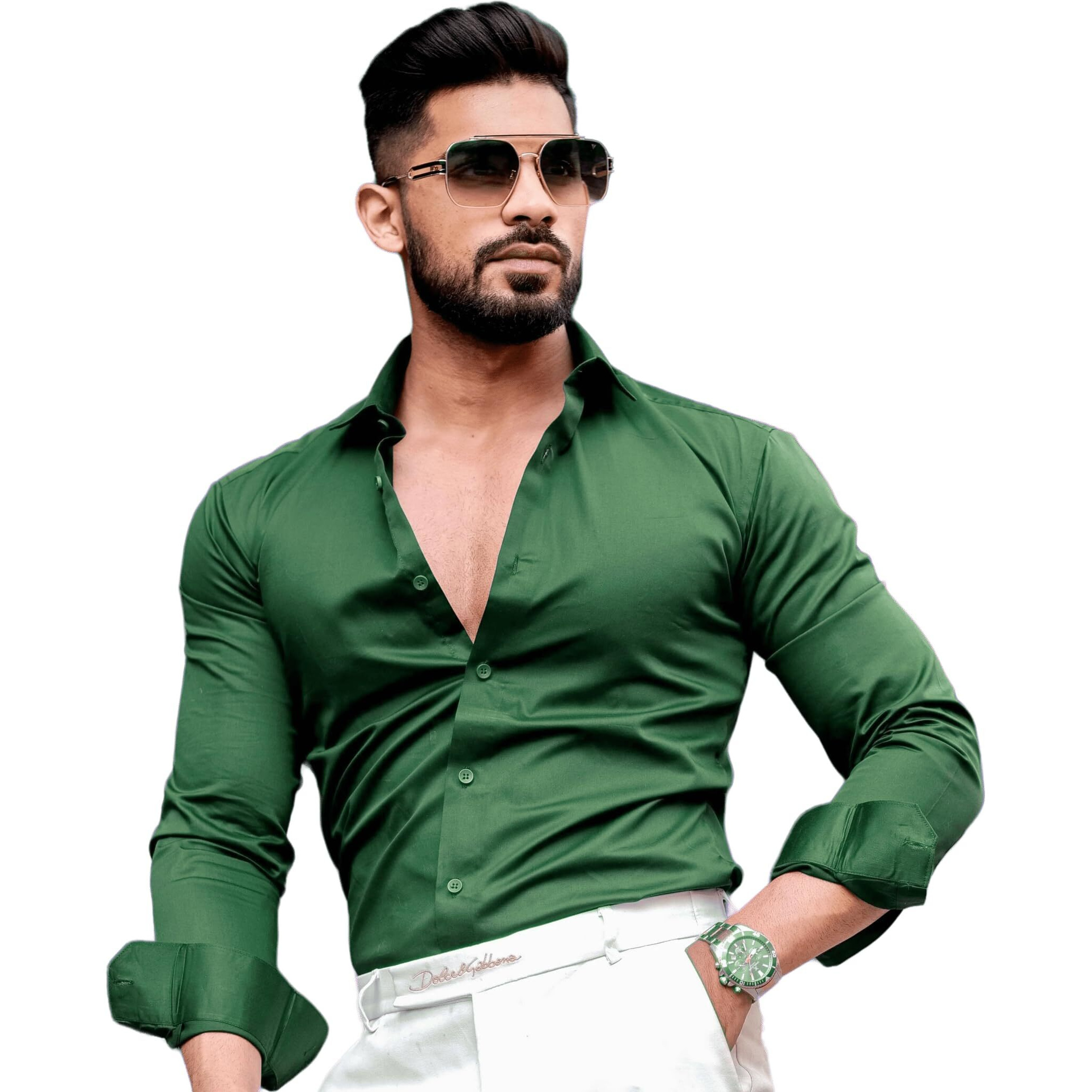 Indoprimo Men's Satin Shirt With Spread Collar Neck Line Solid Pattern Full Sleeves Regular Fit Western Style And Standard Length Green