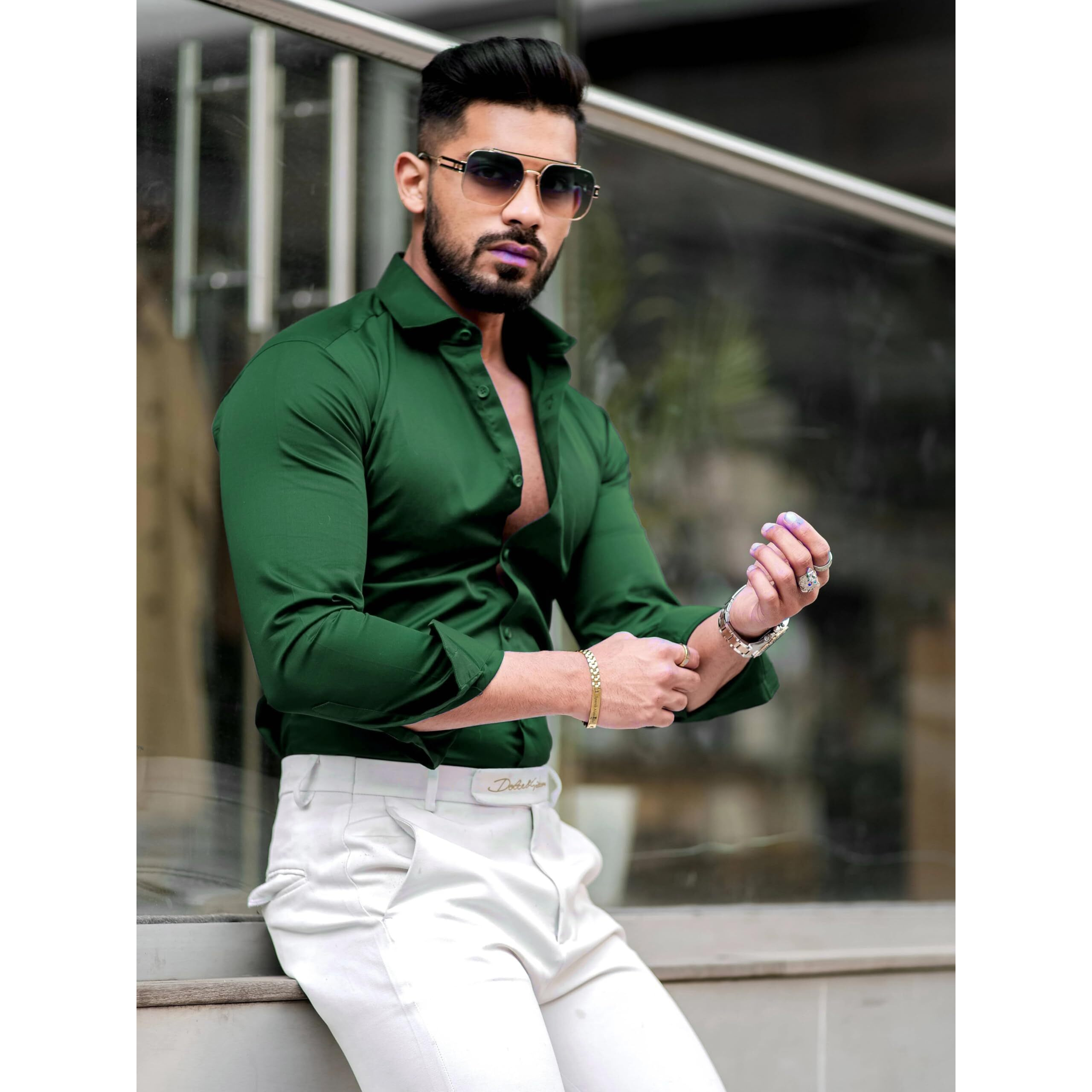 Indoprimo Men's Satin Shirt With Spread Collar Neck Line Solid Pattern Full Sleeves Regular Fit Western Style And Standard Length Green