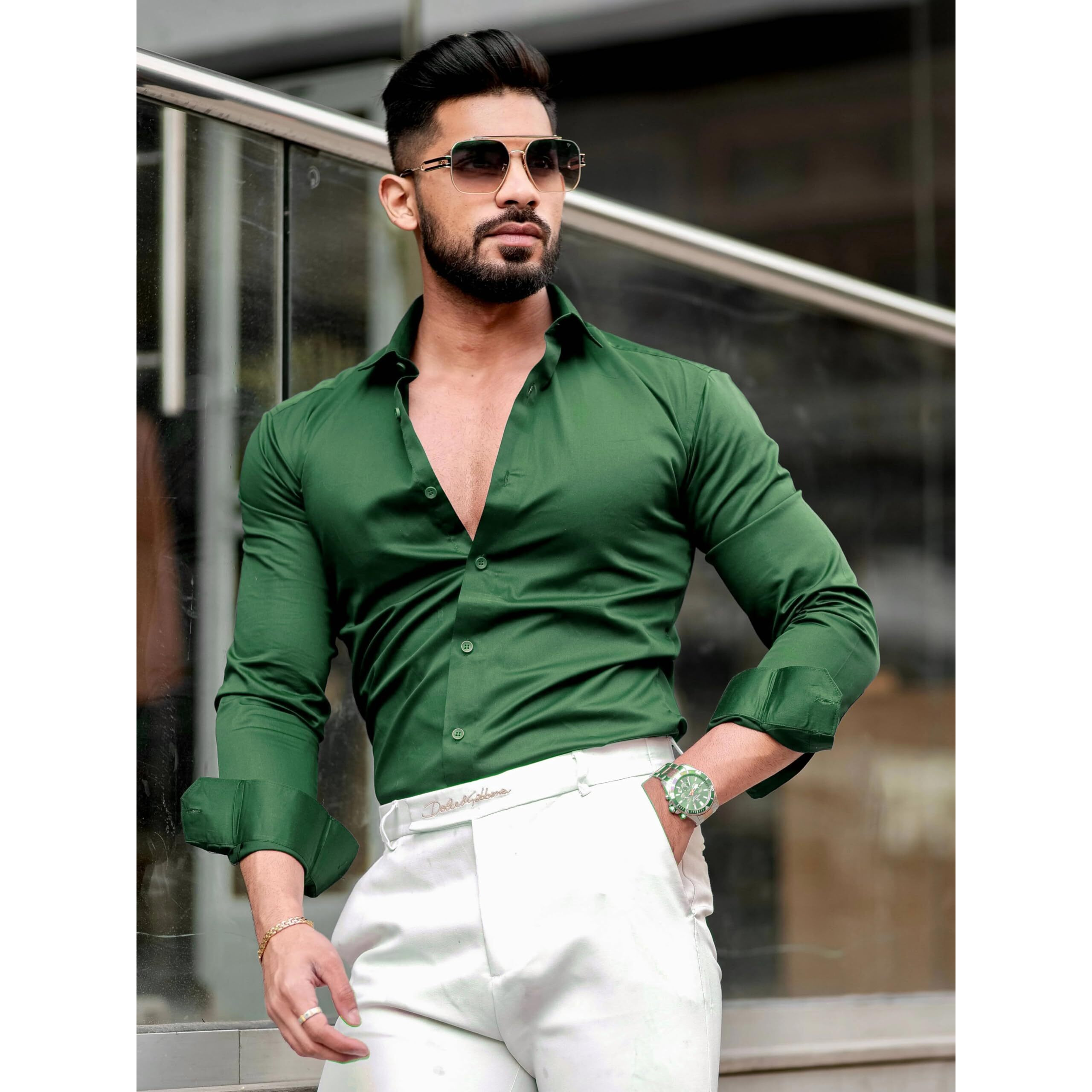 Indoprimo Men's Satin Shirt With Spread Collar Neck Line Solid Pattern Full Sleeves Regular Fit Western Style And Standard Length Green
