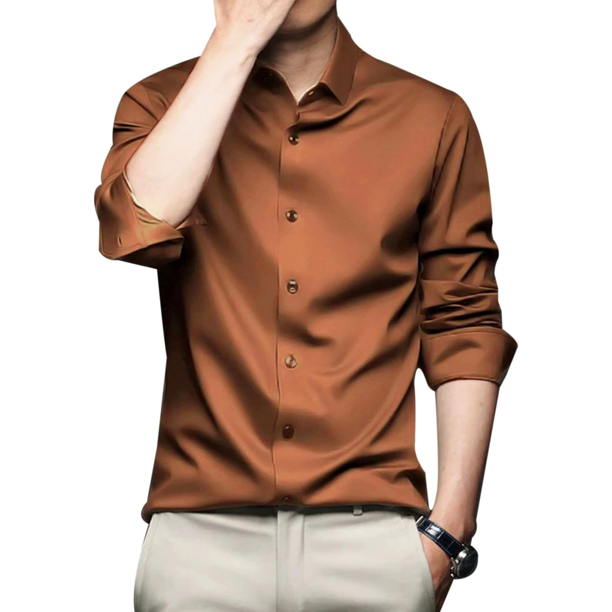 Indoprimo Men's Stylish Solid Satin Casual Shirt For Men Full Sleeve Spread Collared Neck Classic Fit Curved Hem Length | Shir For Man | Brown M