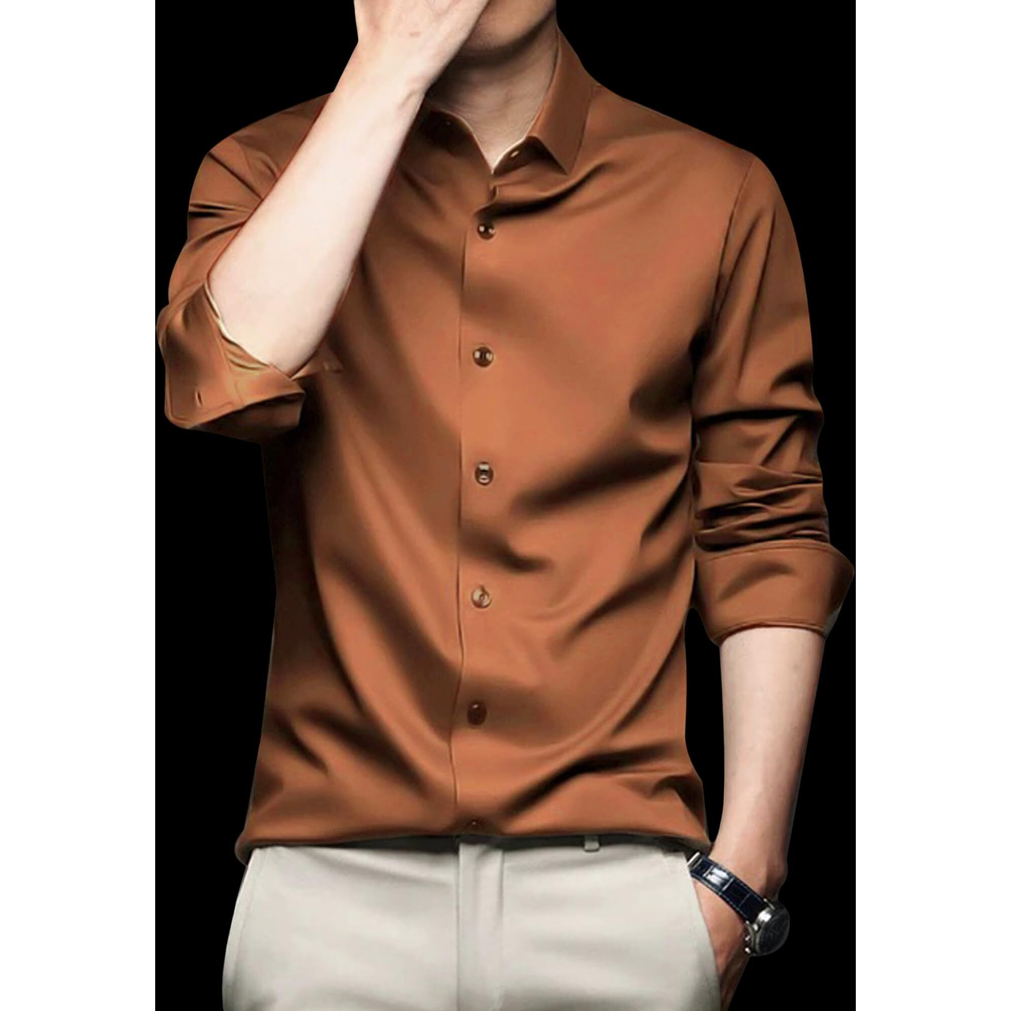 Indoprimo Men's Stylish Solid Satin Casual Shirt For Men Full Sleeve Spread Collared Neck Classic Fit Curved Hem Length | Shir For Man | Brown M