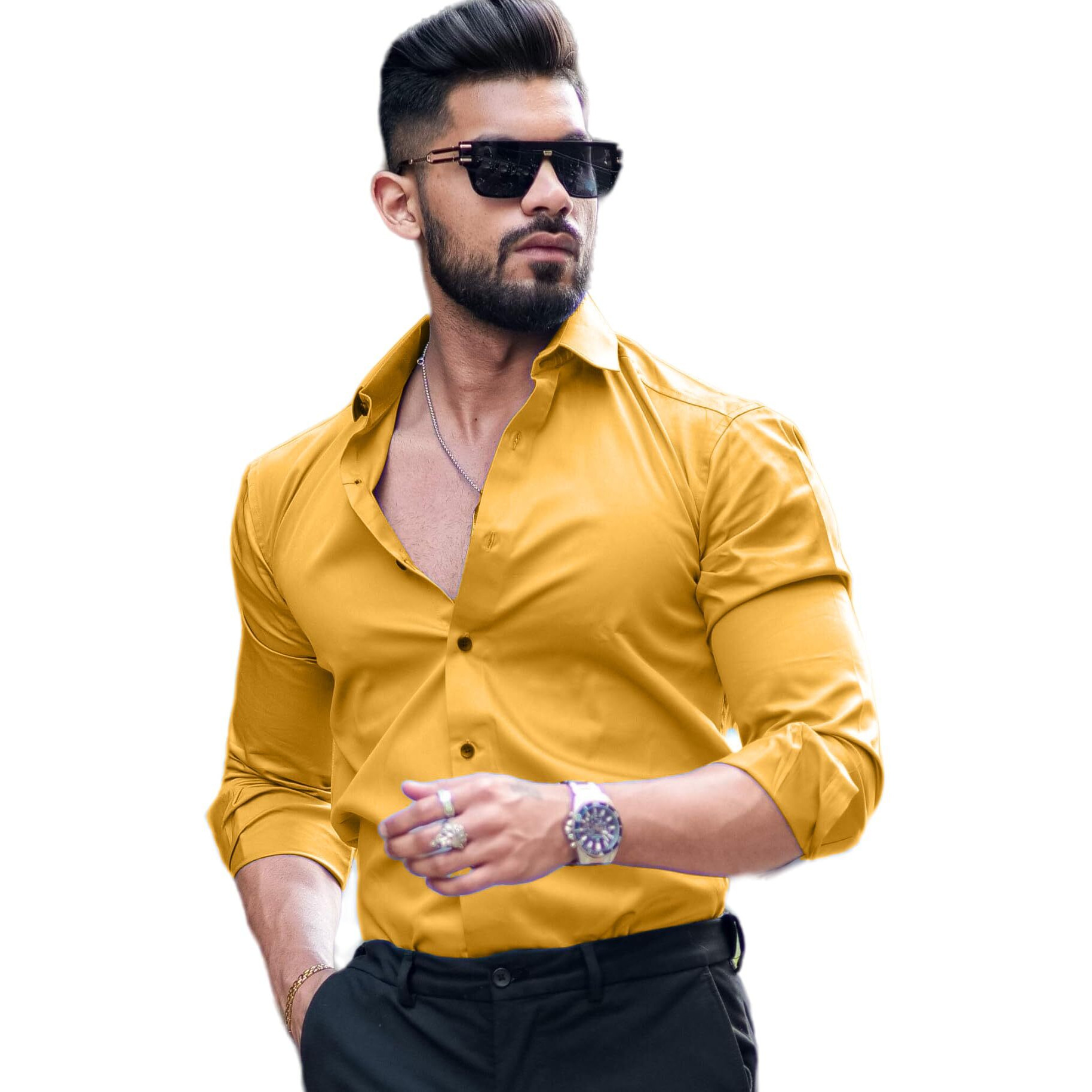 Indoprimo Men's Casual Solid Satin Shirt For Men Full Sleeves - Crystal (In, Alpha, Xl, Gold)