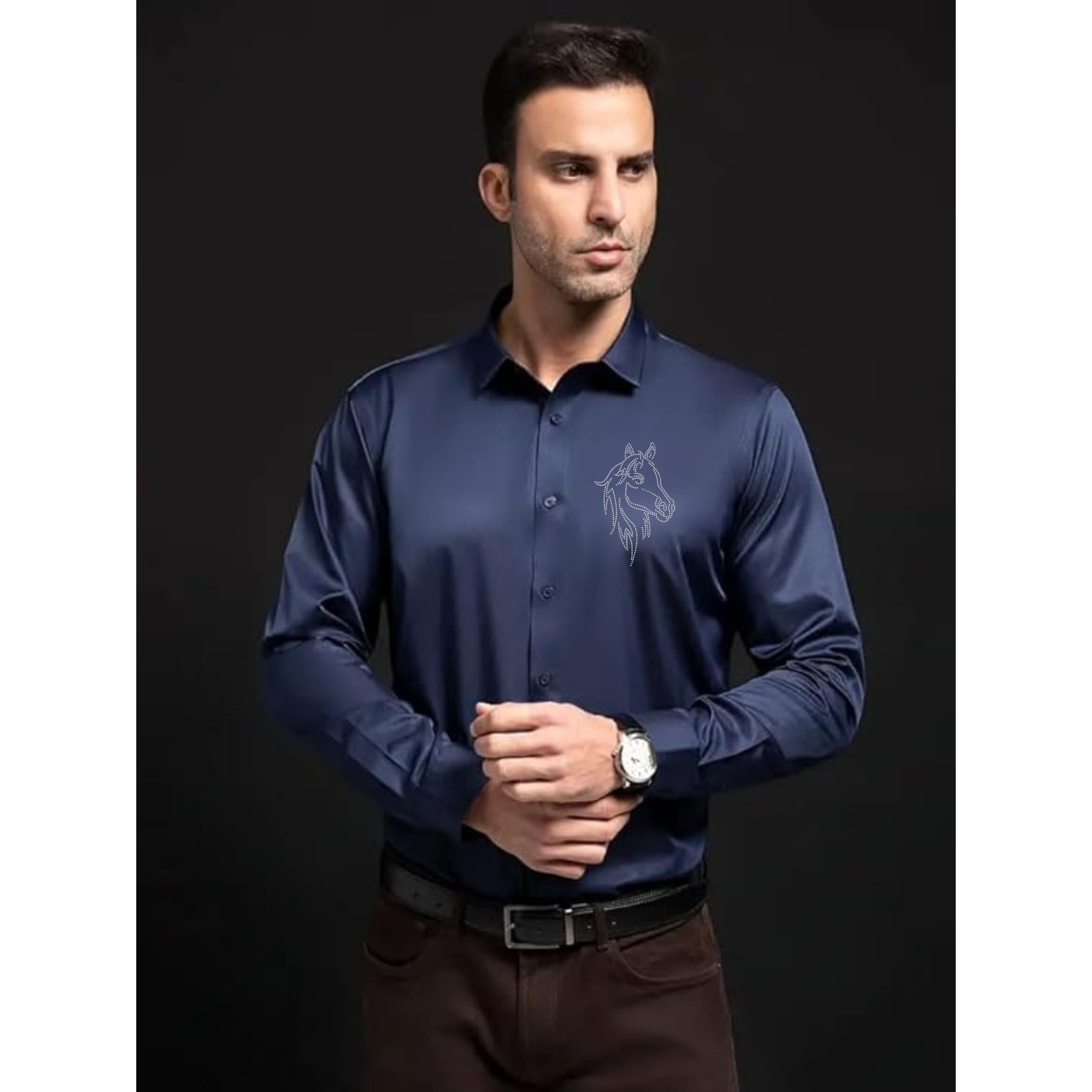 Indoprimo Men's Stylish Club Wear Satin Party Shirt Full Sleeve (In, Alpha, M, Regular, Navy)