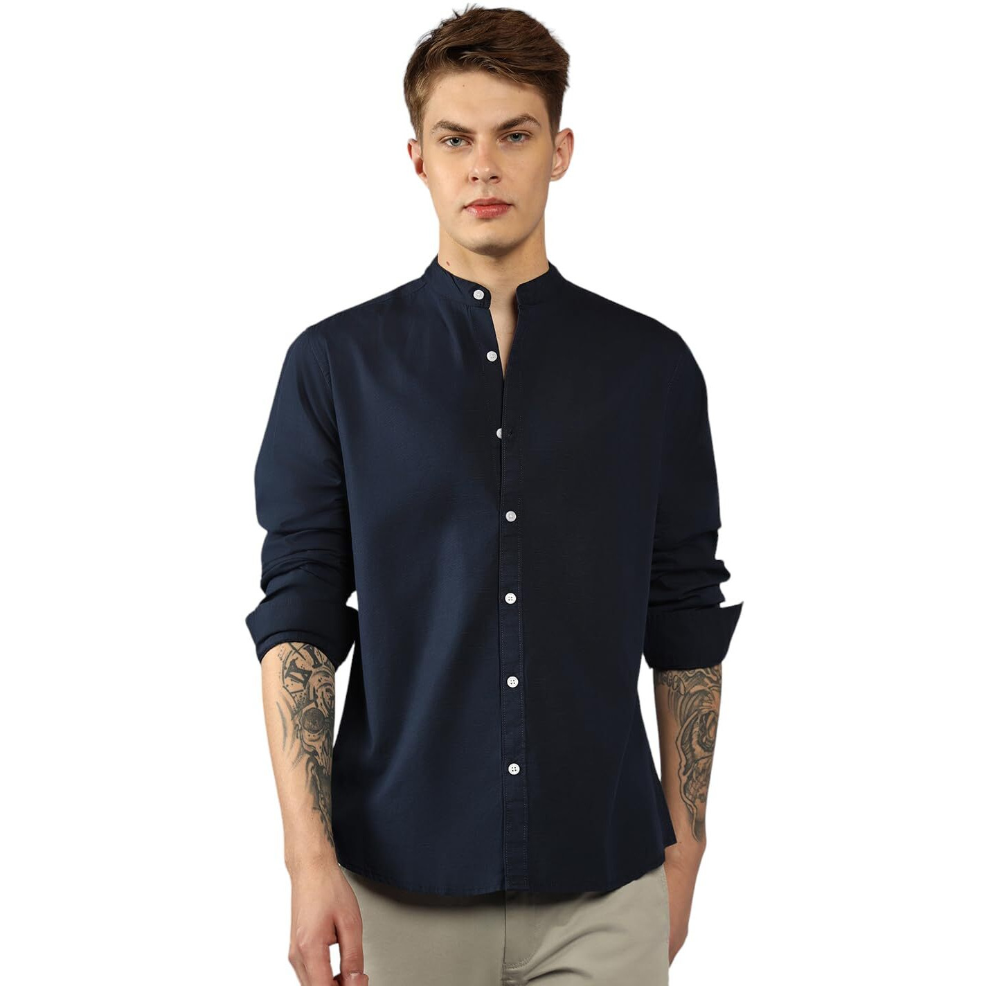 Dennis Lingo Men's| Dark Blue| Full Sleeve| Mandarin Collar| Solid| Relaxed Fit| Casual Shirt