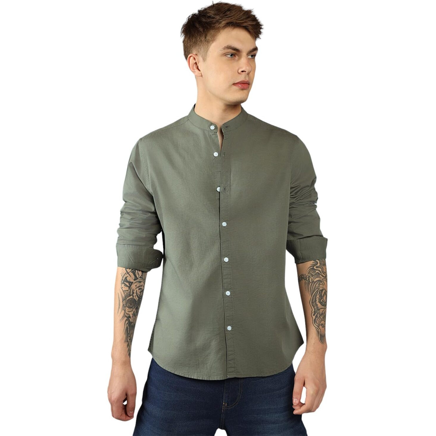Dennis Lingo Men's| Green| Full Sleeve| Mandarin Collar| Solid| Regular Fit| Casual Shirt