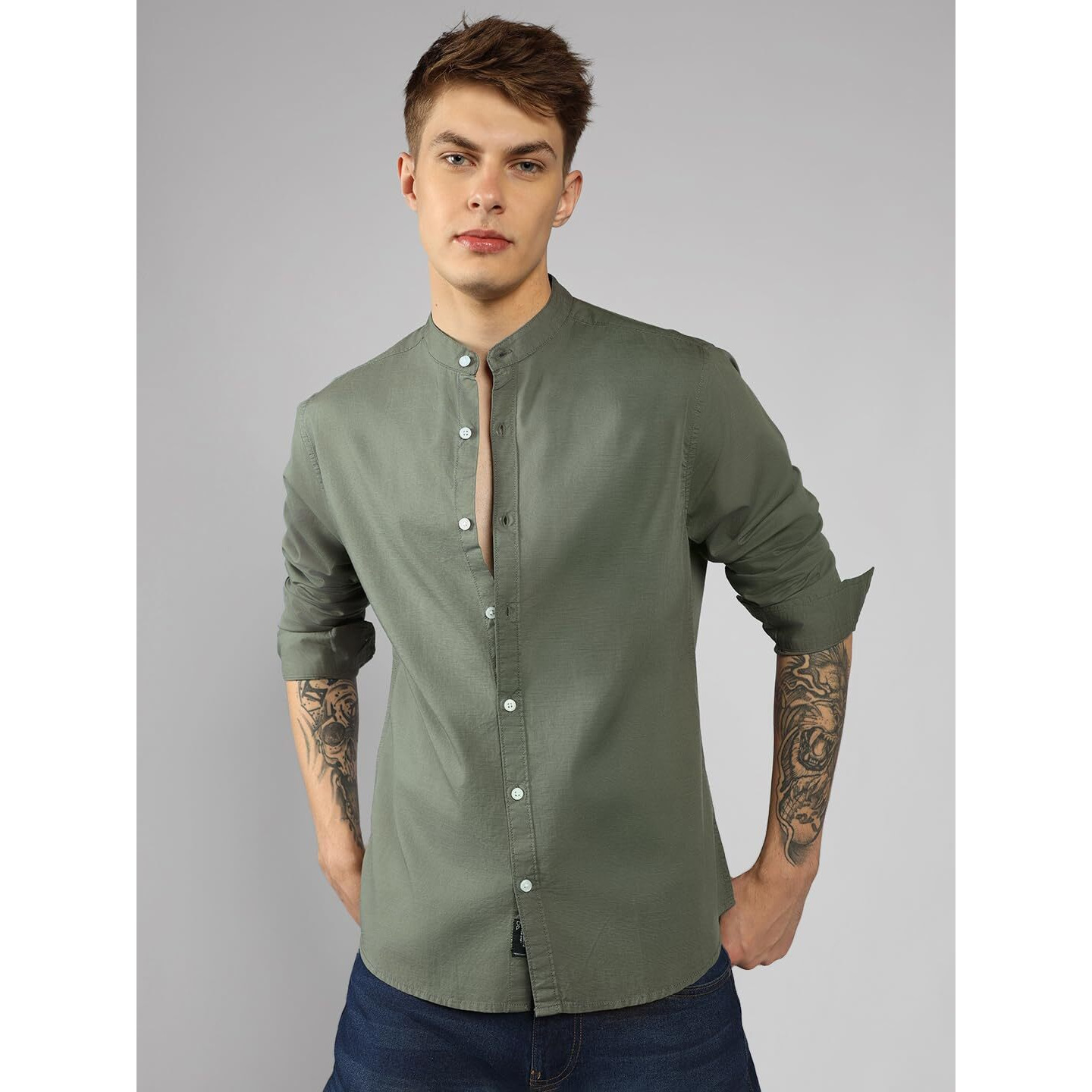 Dennis Lingo Men's| Green| Full Sleeve| Mandarin Collar| Solid| Regular Fit| Casual Shirt