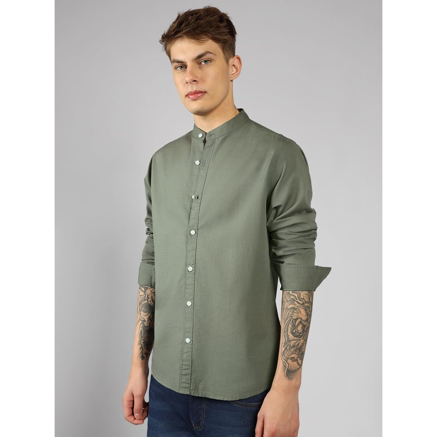 Dennis Lingo Men's| Green| Full Sleeve| Mandarin Collar| Solid| Regular Fit| Casual Shirt