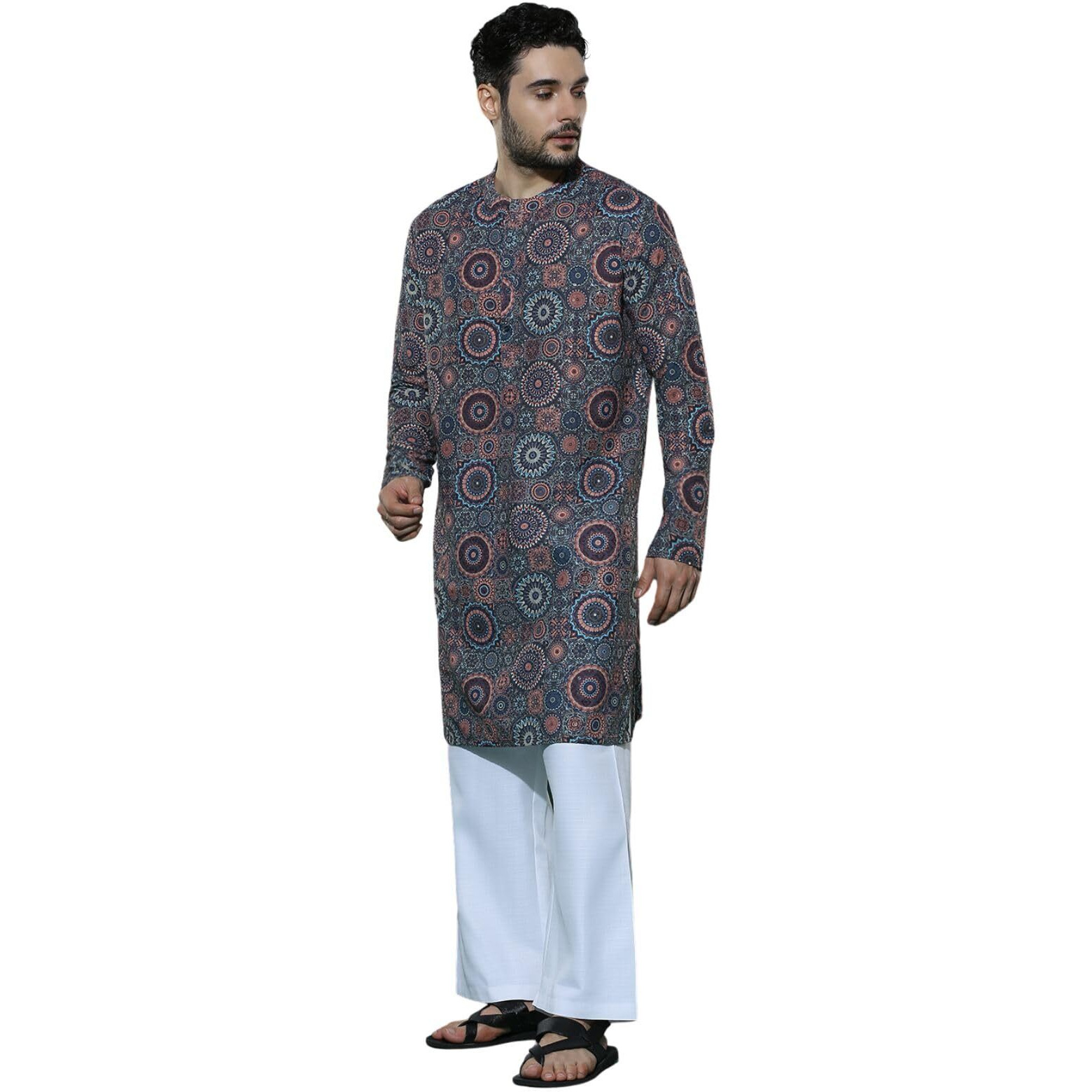 Dhruvi Trendz Men's Kurta -Pajama Set | Designer Printed Cotton Kurta For Wedding, Festival, Party |Traditional Indian Attire | Embroidery Sequin Kurtas For Men | Elegant Groomsmen Wardrobe Essential