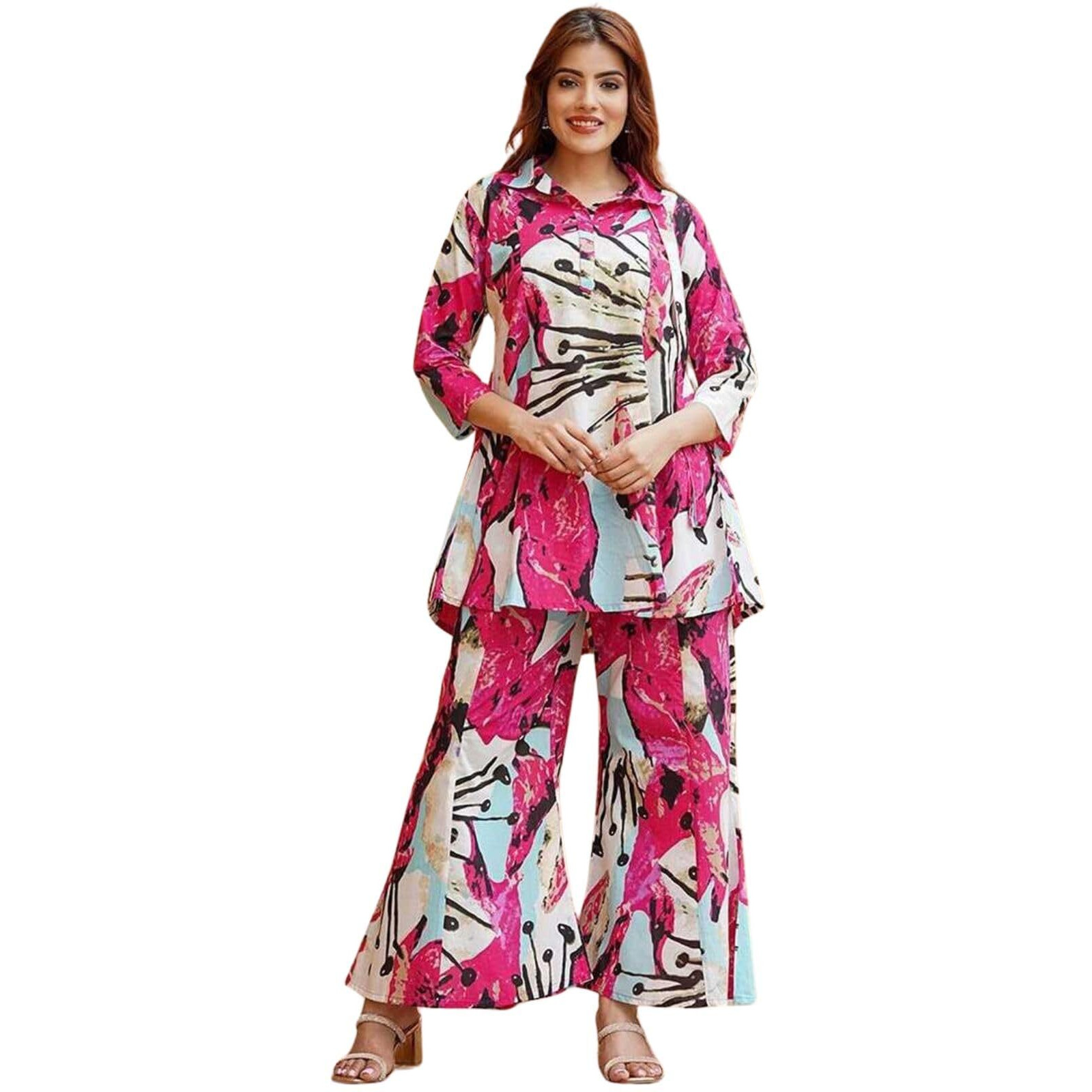 Dhruvi Trendz Casual Regular Fit Rayon Floral Ethnic Co-Ord Kurta Set For Women (Available In 2Xl And 3Xl) (Dt-W1848&Tr905_Pink_S)