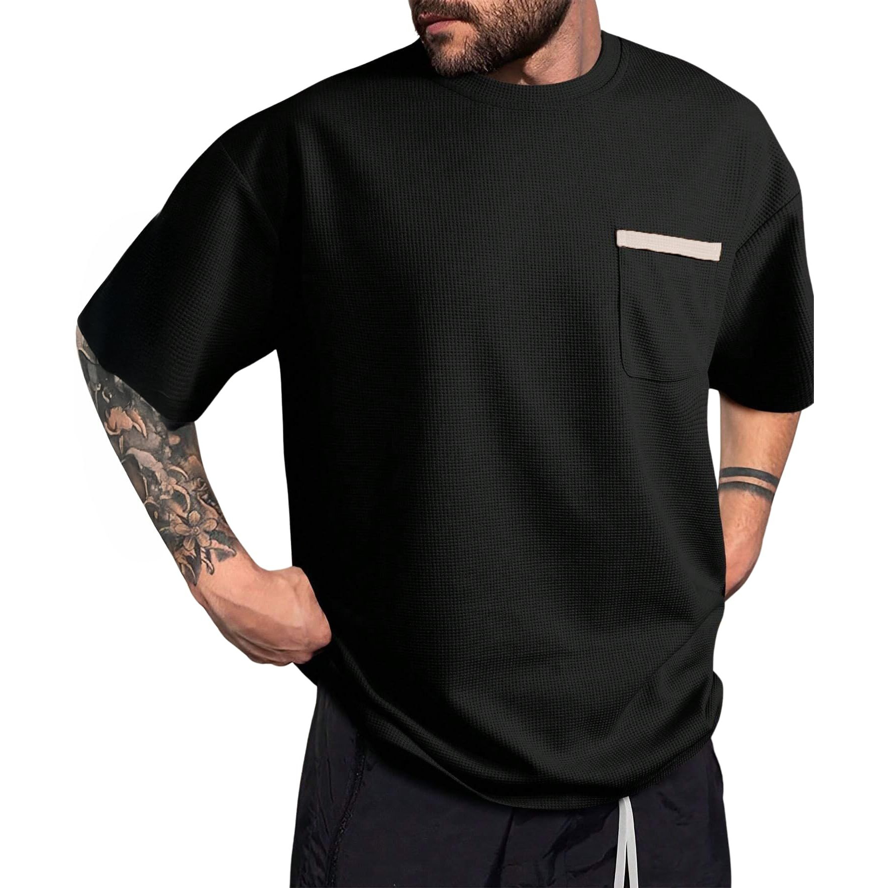 Indoprimo Men's Polyester T Shirt With Pocket Half Sleeves Round Neck Line Solid Pattern Loose Fit Classic Style And Standard Length Black