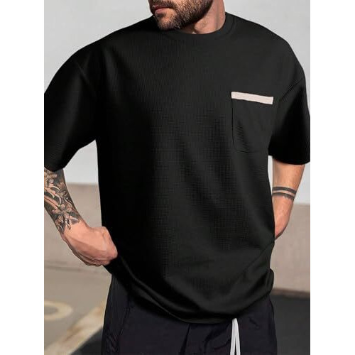 Indoprimo Men's Polyester T Shirt With Pocket Half Sleeves Round Neck Line Solid Pattern Loose Fit Classic Style And Standard Length Black