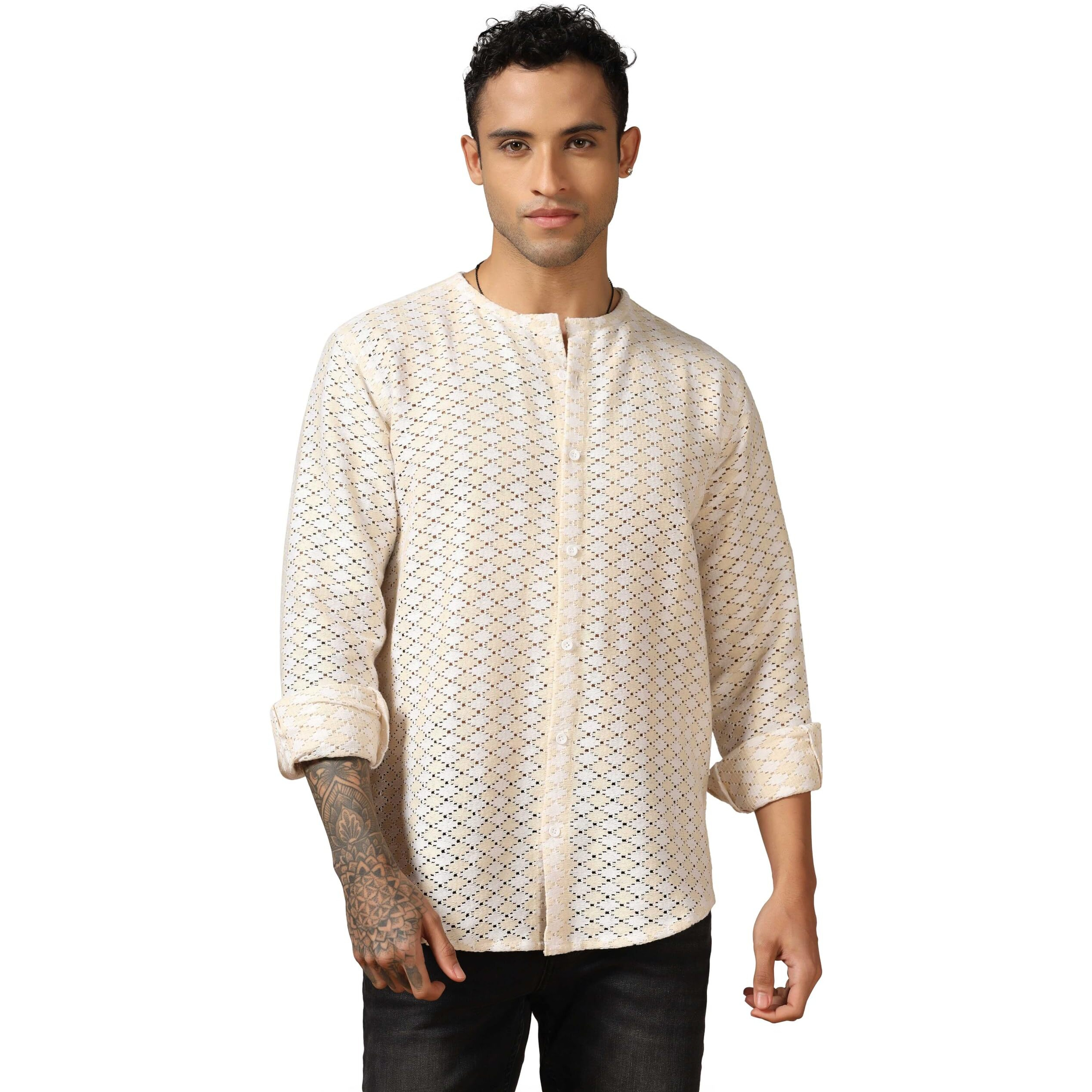 Dhruvi Trendz Men's Crochet Solid Regular Fit Shirt (Dt-Ms-6164_Off White L)