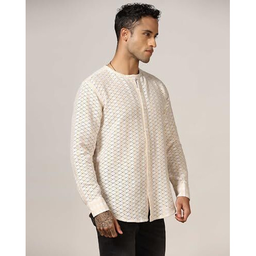 Dhruvi Trendz Men's Crochet Solid Regular Fit Shirt (Dt-Ms-6164_Off White L)