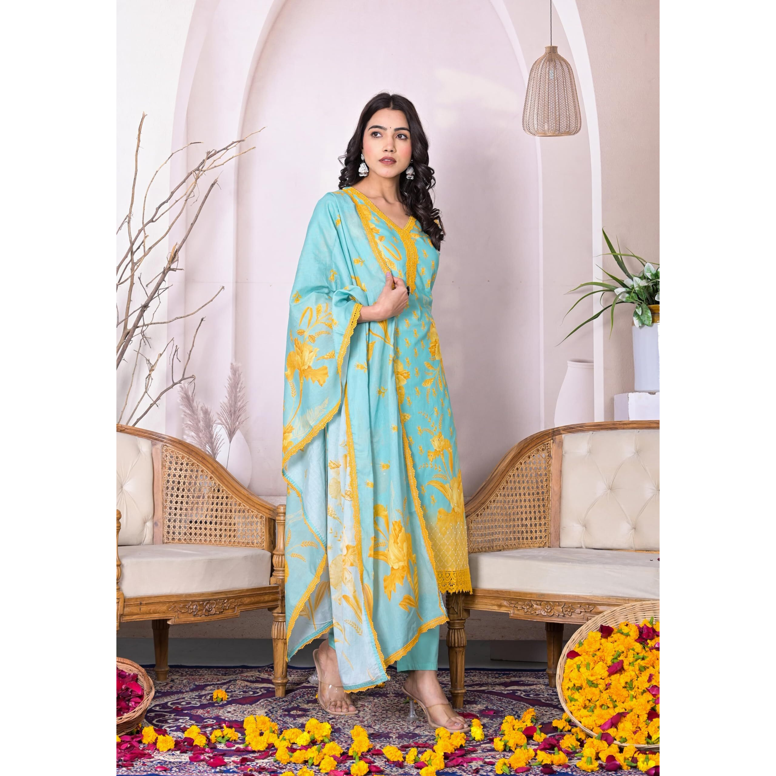 Ishin Floral Printed, Embellished, Straight Kurta With Solid Pant And Dupatta