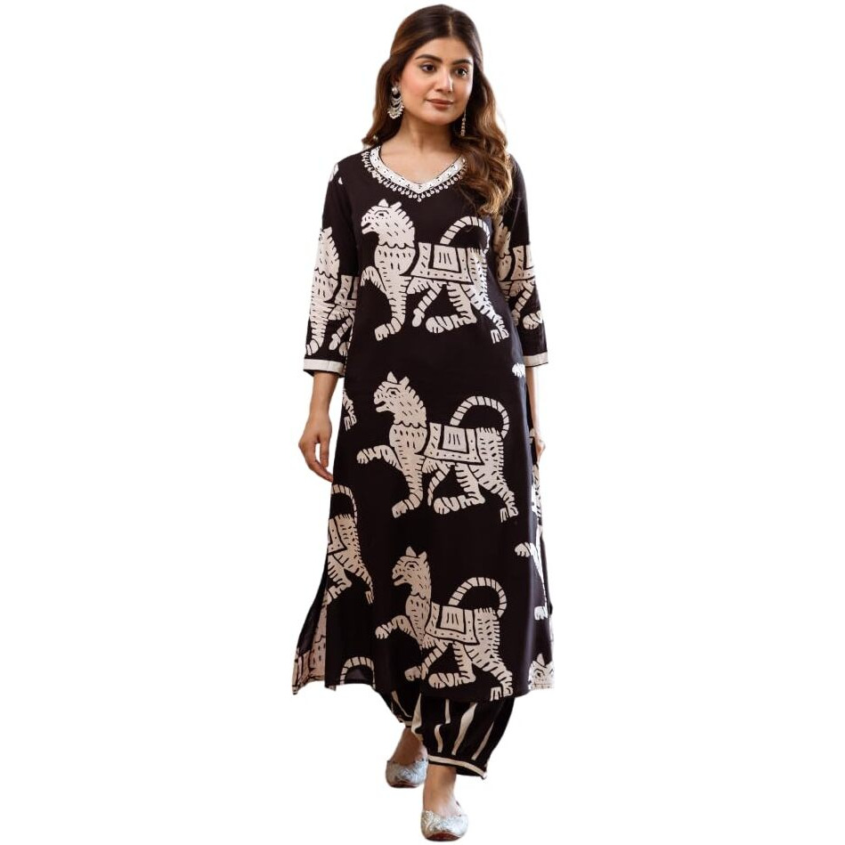 Ishin Black Rayon Quirky Printed Kurta With Pants