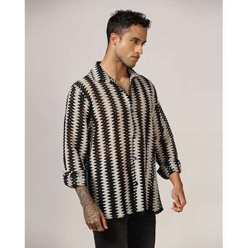 Dhruvi Trendz Men's Crochet Stripe Regular Fit Shirt (Dt-Ms-6162_Black Xl)
