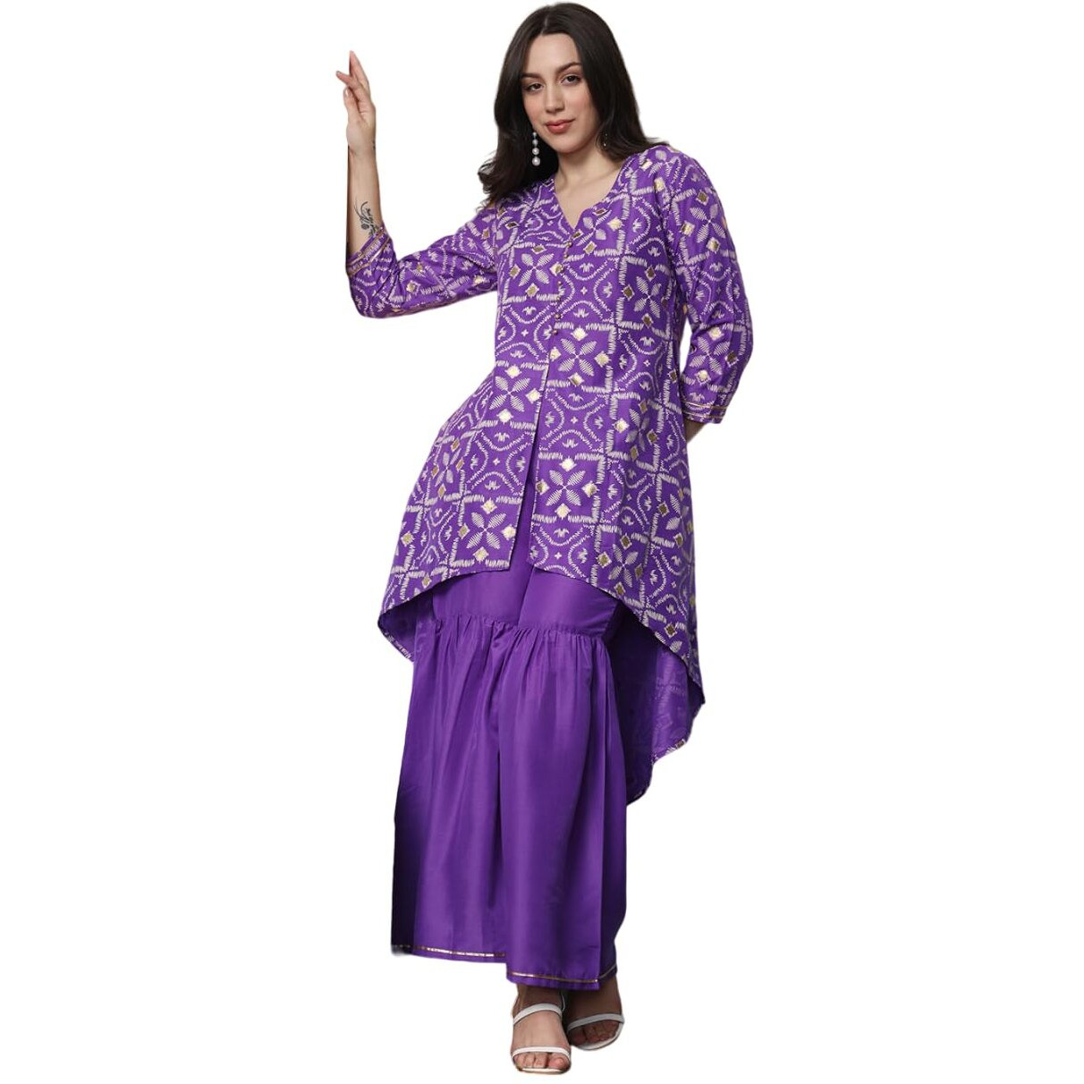 Ishin Geometric Printed V-Neck A-Line Kurta With Sharara