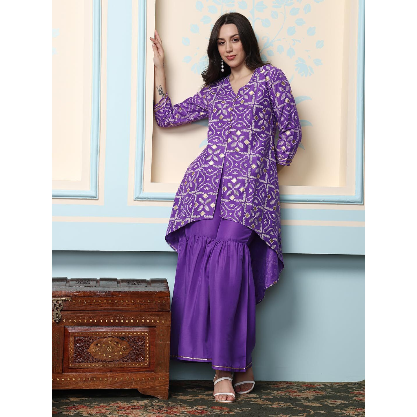 Ishin Geometric Printed V-Neck A-Line Kurta With Sharara