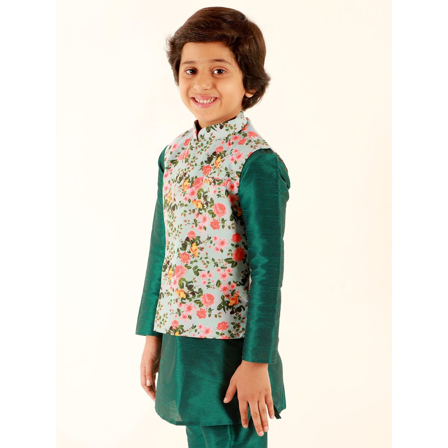 Jbn Creation Boys Aqua Base Cotton Blend Multi Colour Floral Printed Nehru Jacket (B668)