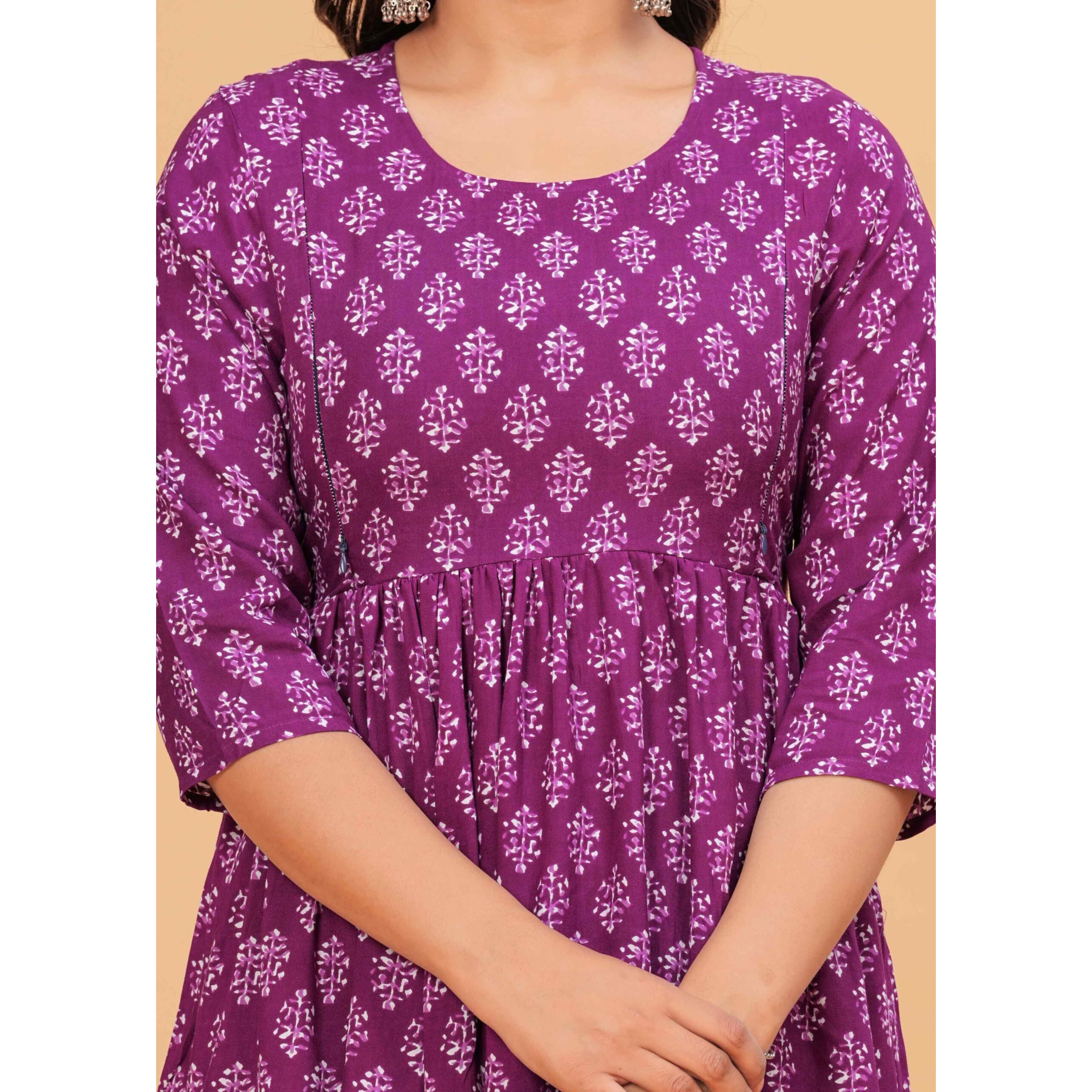 Jikonet Women's Anarkali Maternity Feeding Kurti/Maternity Gown/Maternity Dress, (Purple, Large)