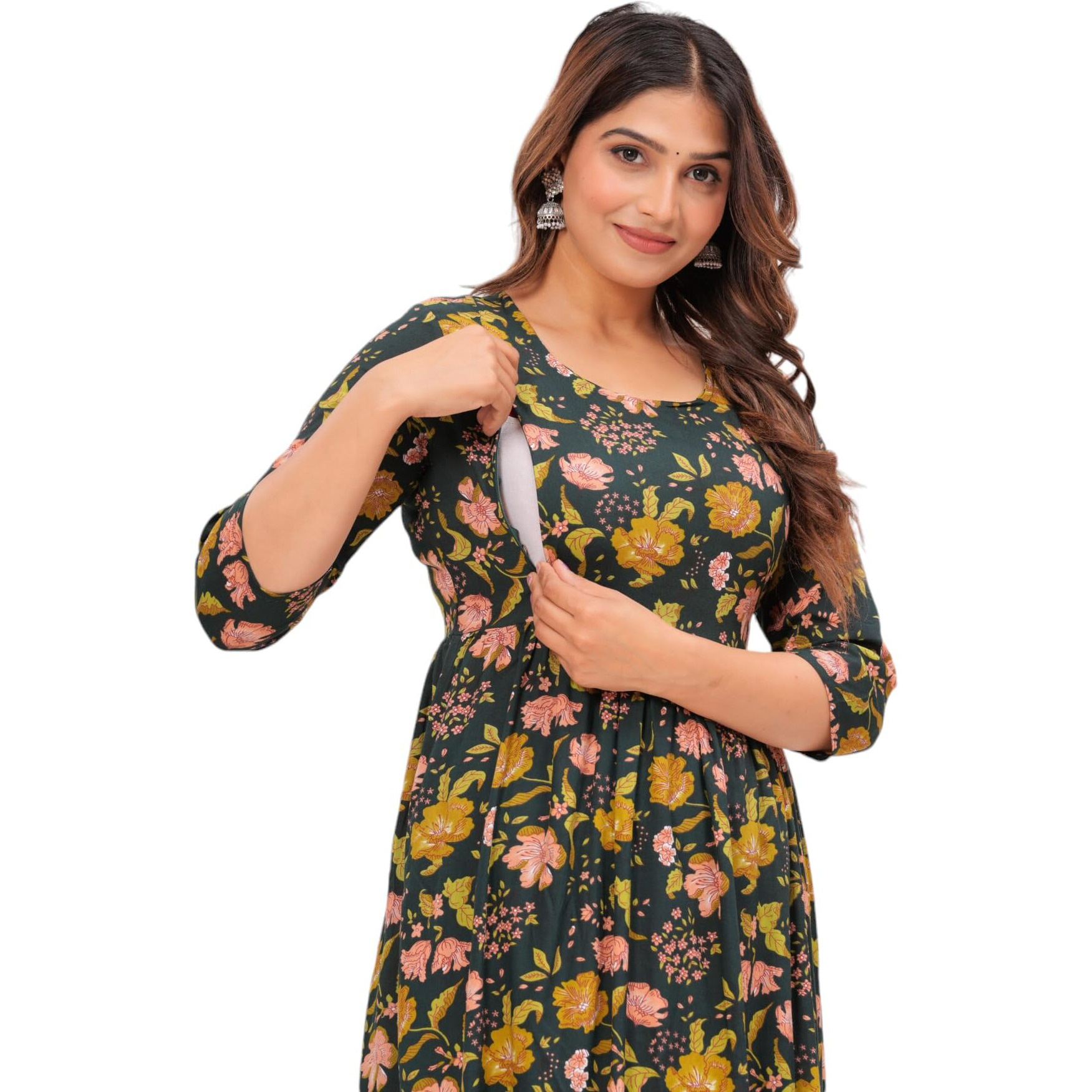 Jikonet Stylish Women's Maternity Breastfeeding Kurti With Zippers Pocket, Comfortable Maternity Wear, (Small, Green)