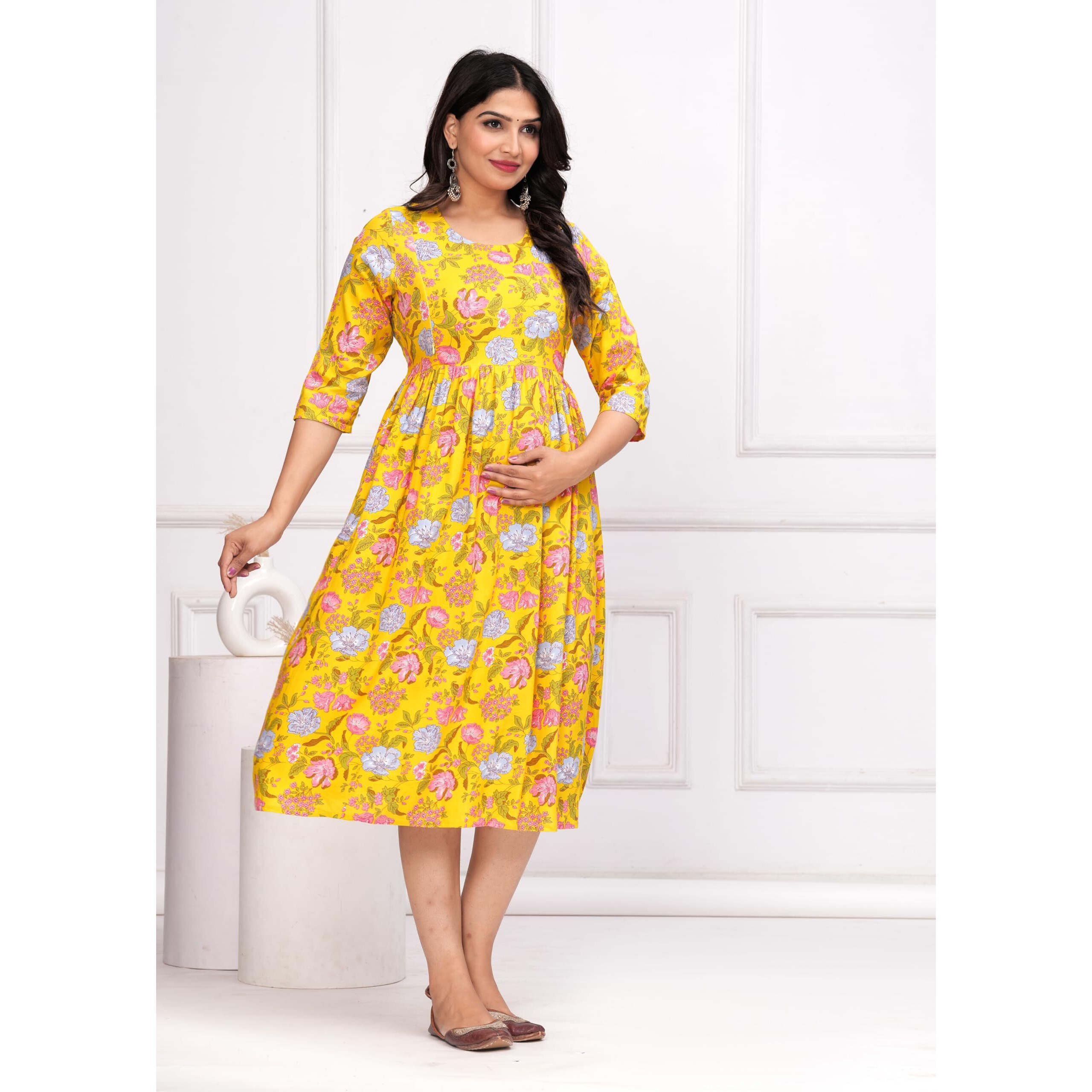 Jikonet Stylish Women's Maternity Breastfeeding Kurti With Zippers Pocket, Comfortable Maternity Wear, (Yellow, X-Large)