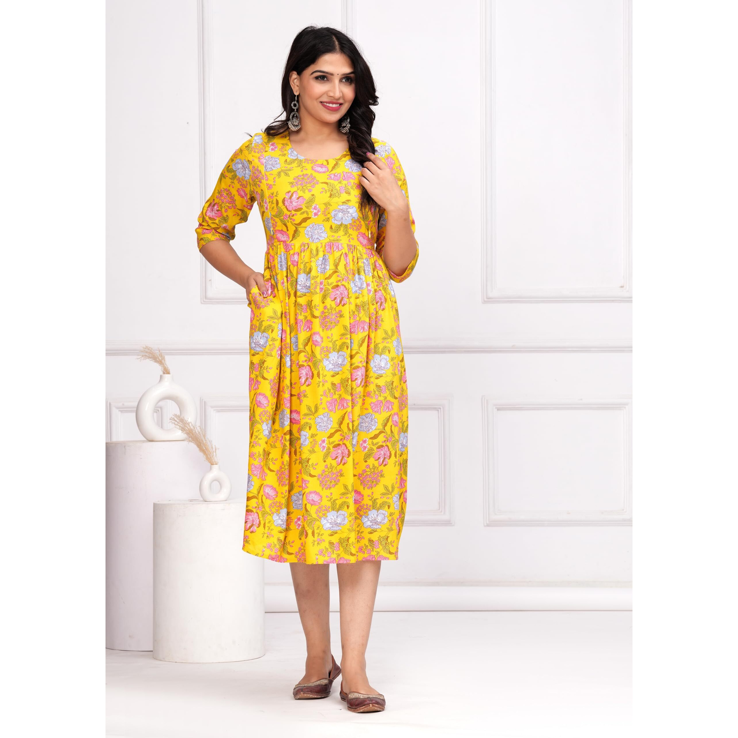 Jikonet Stylish Women's Maternity Breastfeeding Kurti With Zippers Pocket, Comfortable Maternity Wear, (Yellow, Xx-Large)