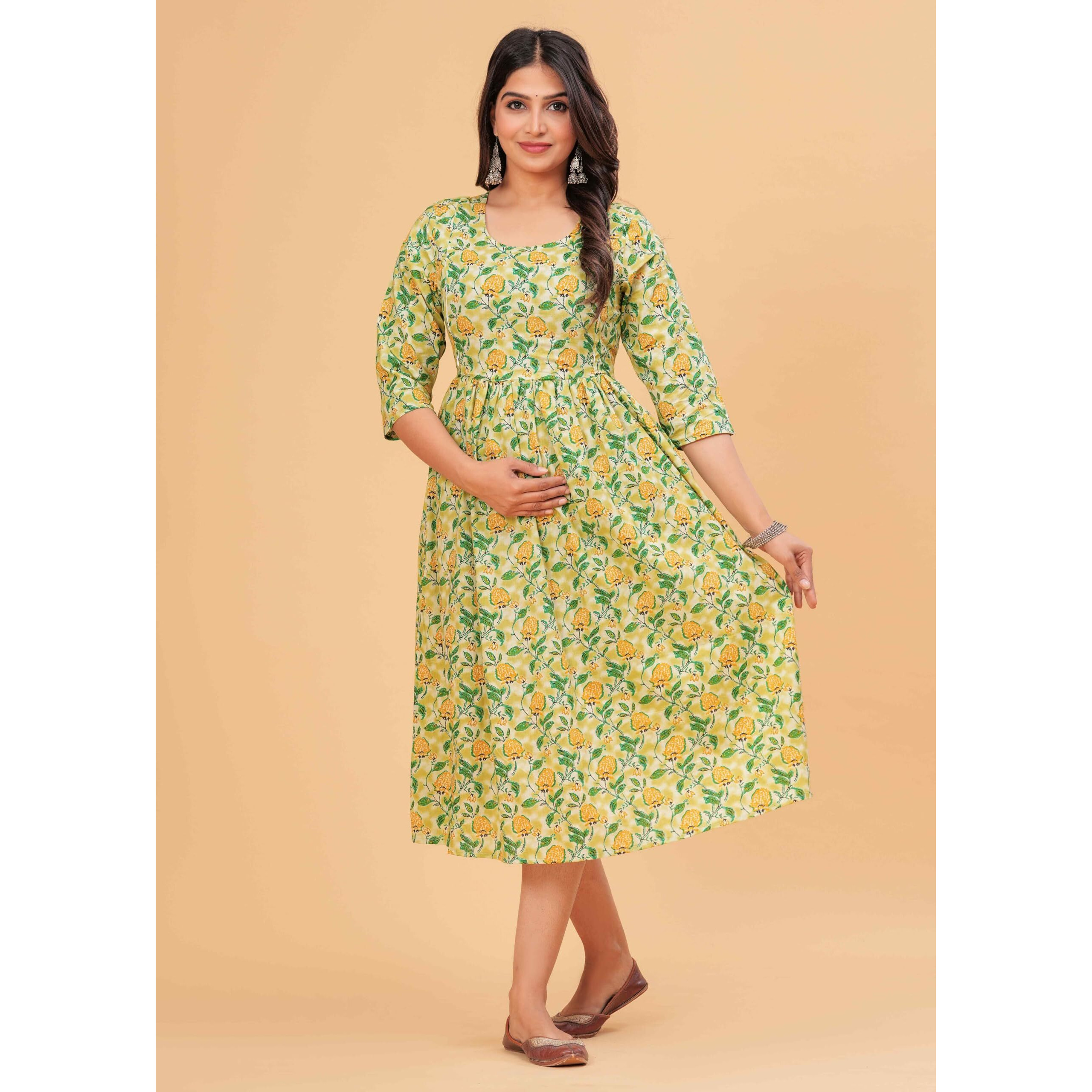 Jikonet Women's Anarkali Maternity Feeding Kurti/Maternity Gown/Maternity Dress, (Green, Large)