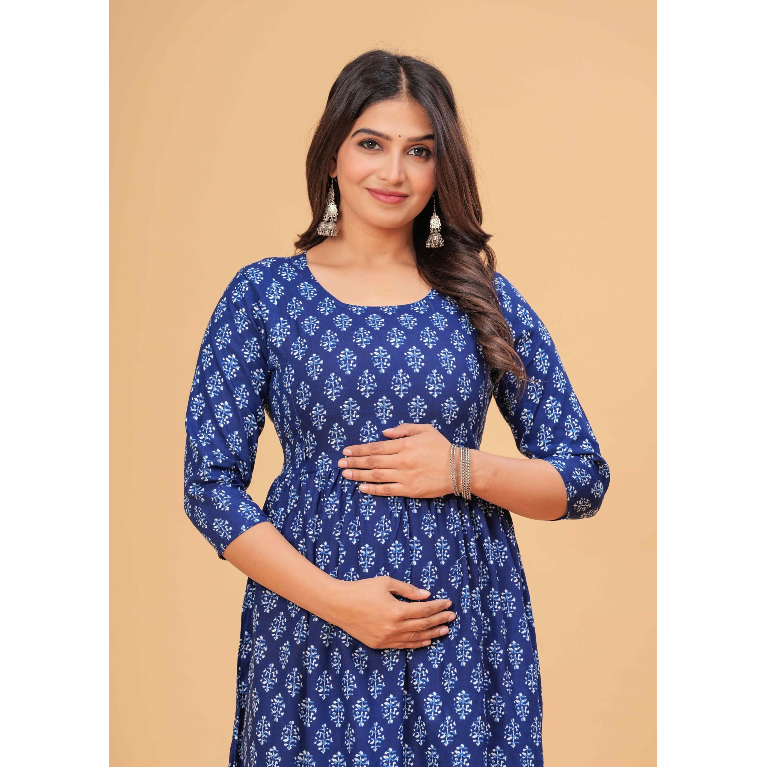 Jikonet Women's Anarkali Maternity Feeding Kurti/Maternity Gown/Maternity Dress, (Blue, Small)