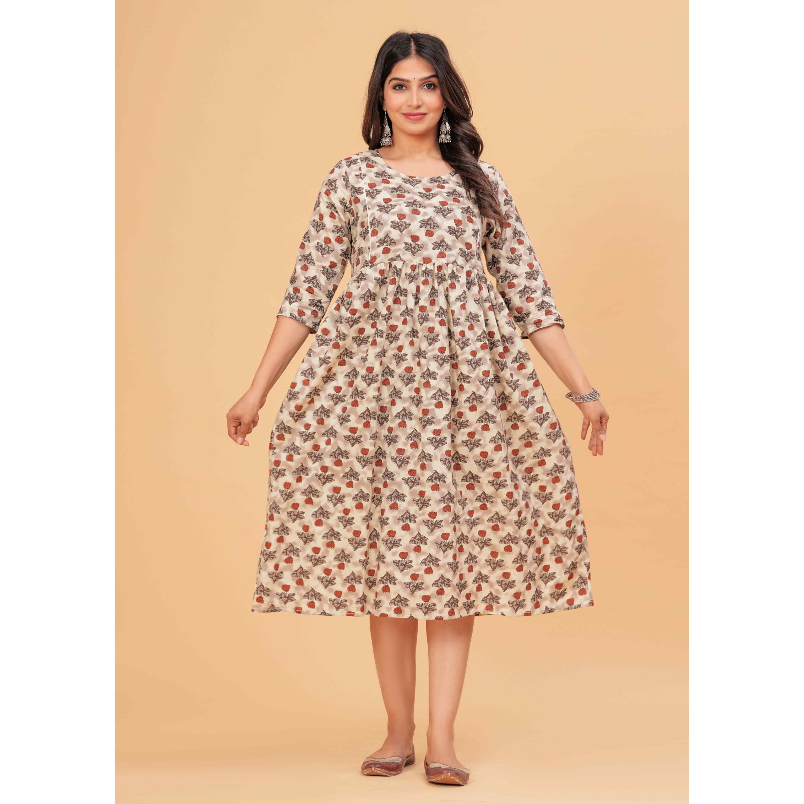 Jikonet Women's Anarkali Maternity Feeding Kurti/Maternity Gown/Maternity Dress, (Cream Brown, X-Large)