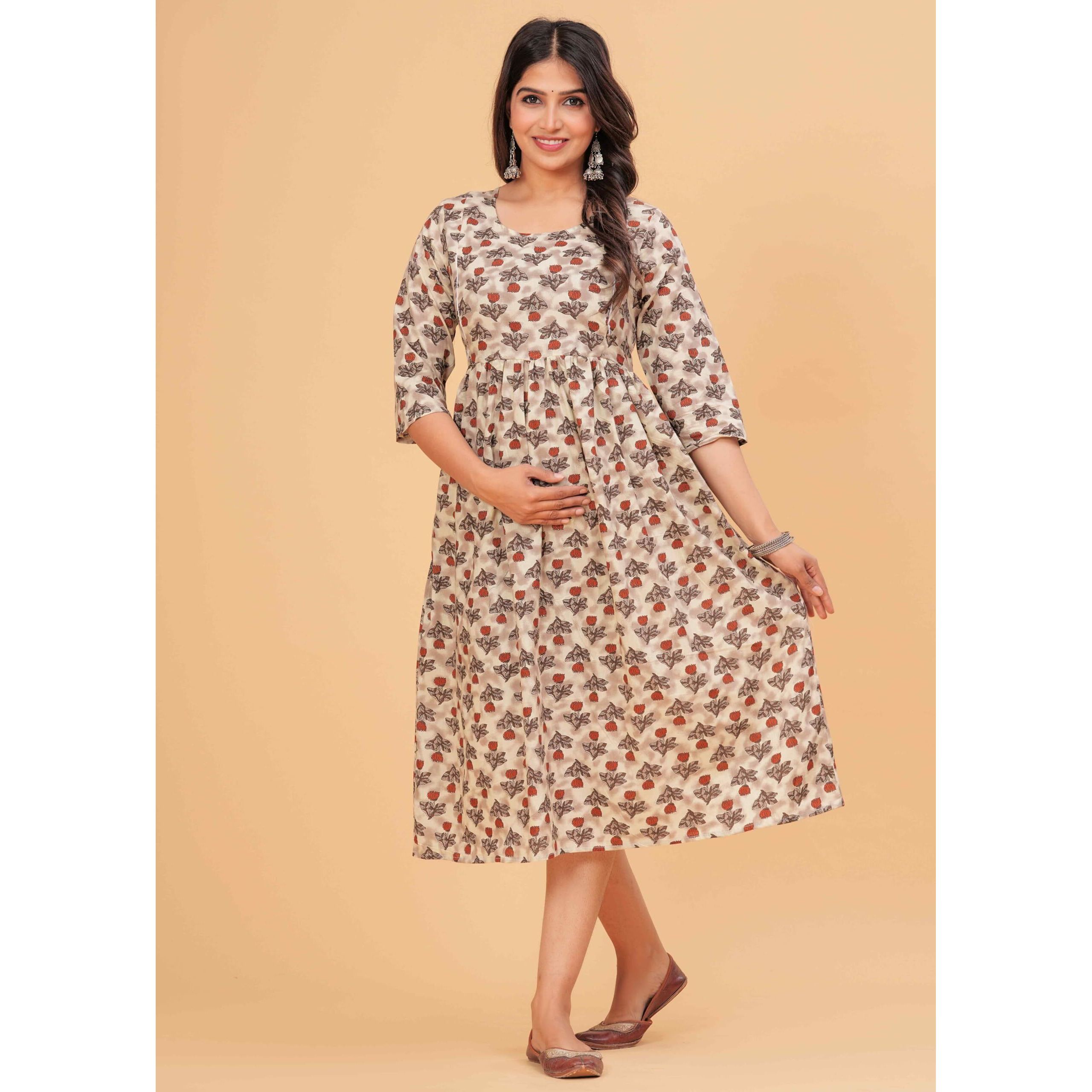 Jikonet Women's Anarkali Maternity Feeding Kurti/Maternity Gown/Maternity Dress, (Cream Brown, Xxx-Large)
