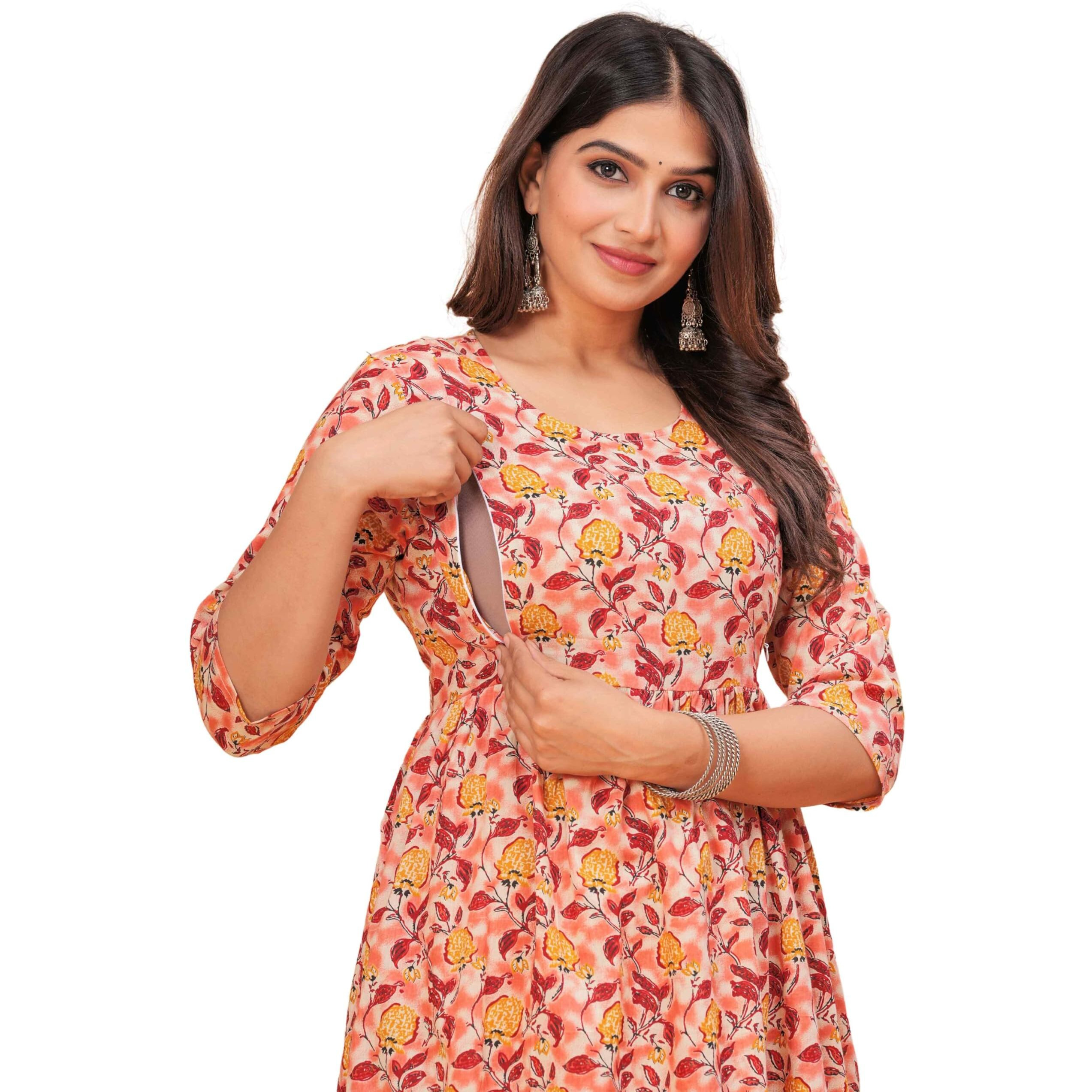 Jikonet Women's Anarkali Maternity Feeding Kurti/Maternity Gown/Maternity Dress, (Red, X-Large)