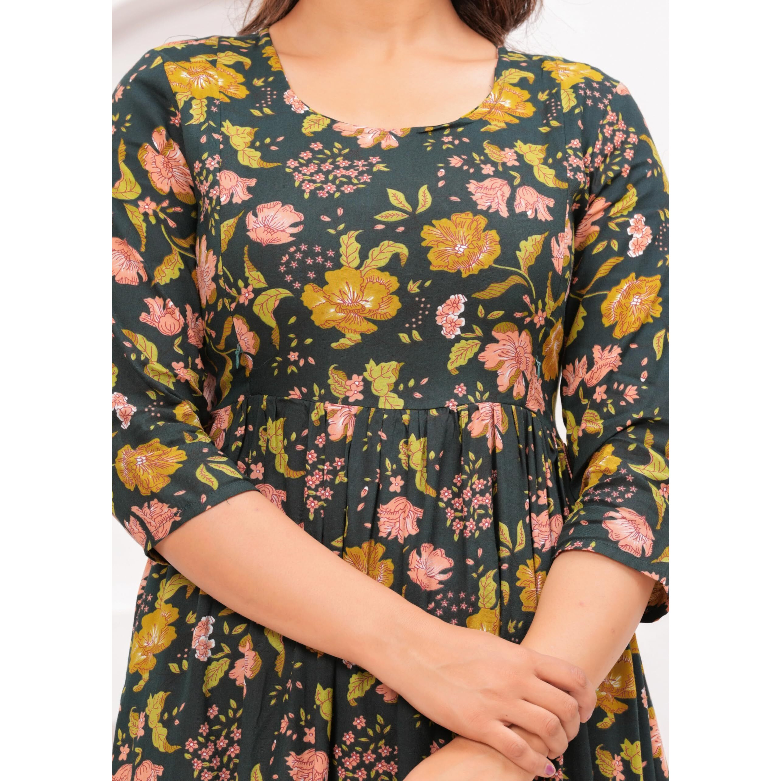 Jikonet Stylish Women's Maternity Breastfeeding Kurti With Zippers Pocket, Comfortable Maternity Wear, (X-Large, Green)