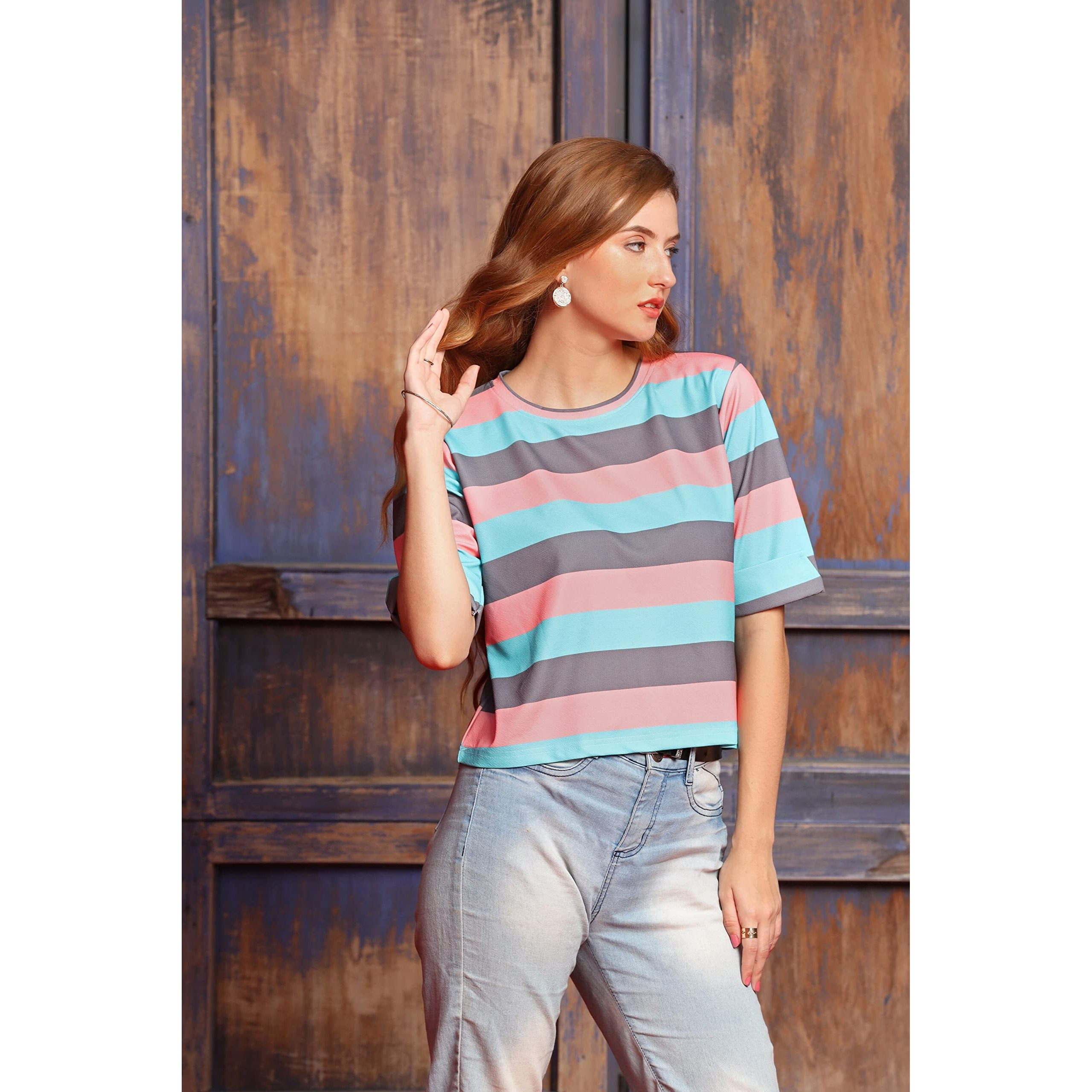 Dhruvi Trendz Women's Regular Fit Top (Dt-W1581_Turquoise & Peach M)