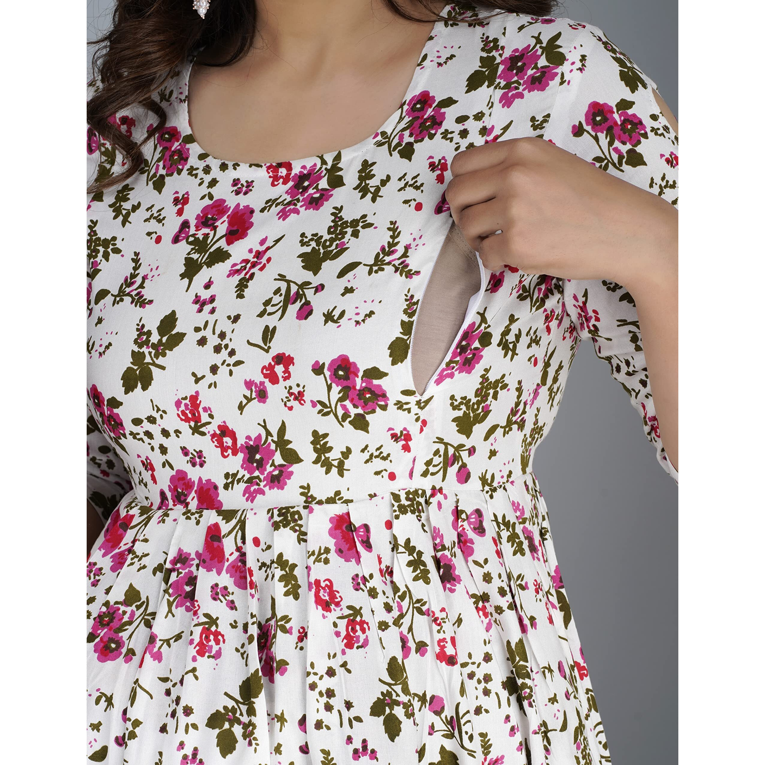 Jikonet Rayon Anarkali Maternity Feeding Kurtis For Women - Stylish And Convenient Nursing Wear With Zip (Medium, Pink Flower)