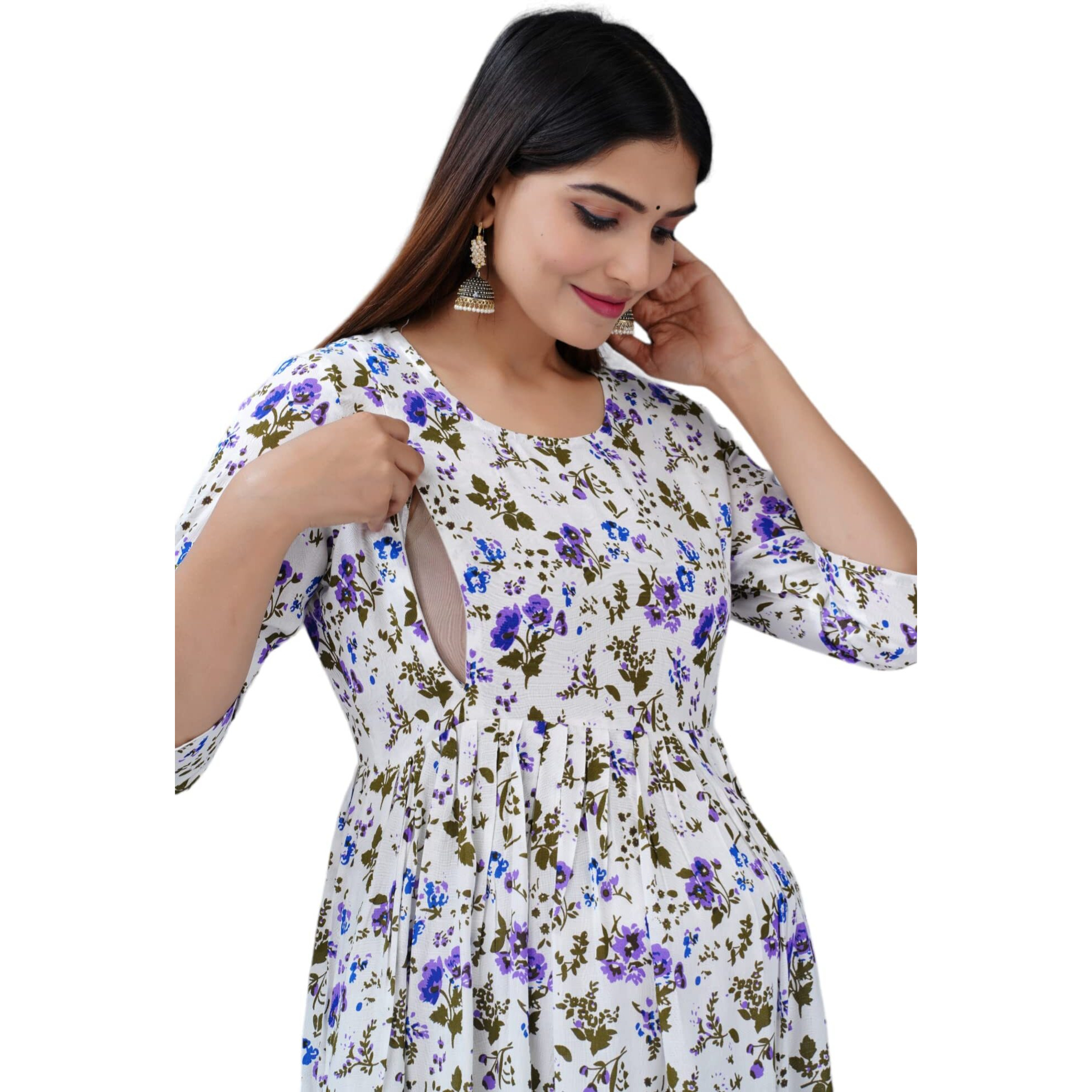 Jikonet Rayon Anarkali Feeding Kurtis For Women (Pregnant Women Dress) (Large, Ultramarine Blue) - 320