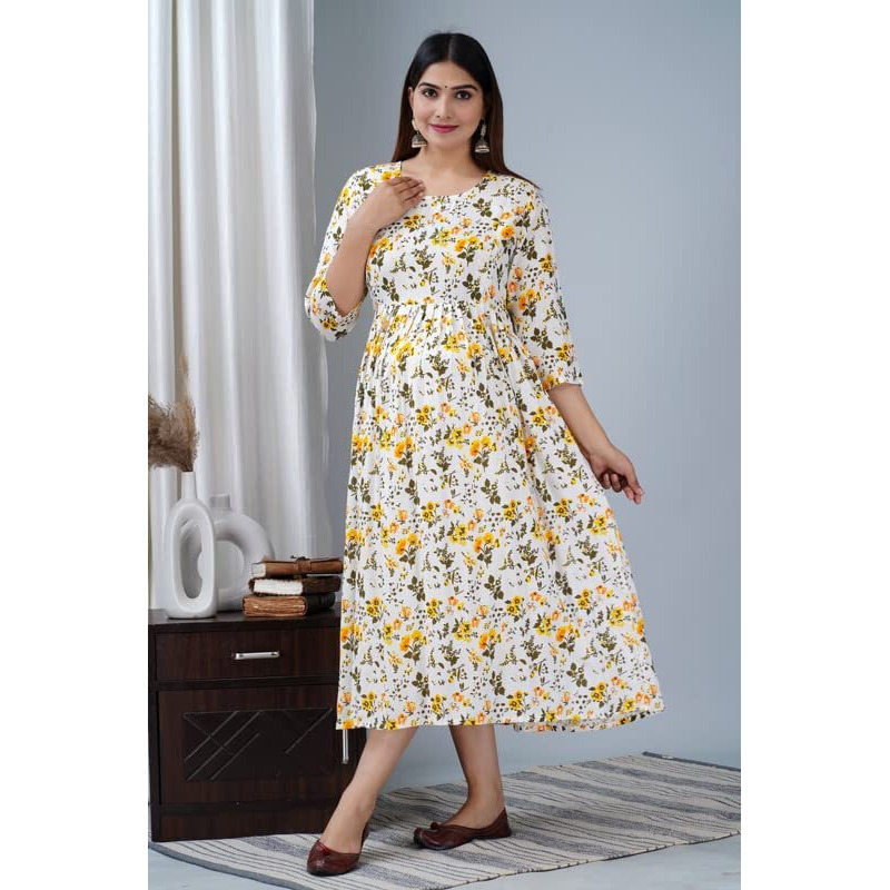 Jikonet Rayon Anarkali Feeding Kurtis For Women (Pregnant Women Dress) (Xxx-Large, Yellow) - 321