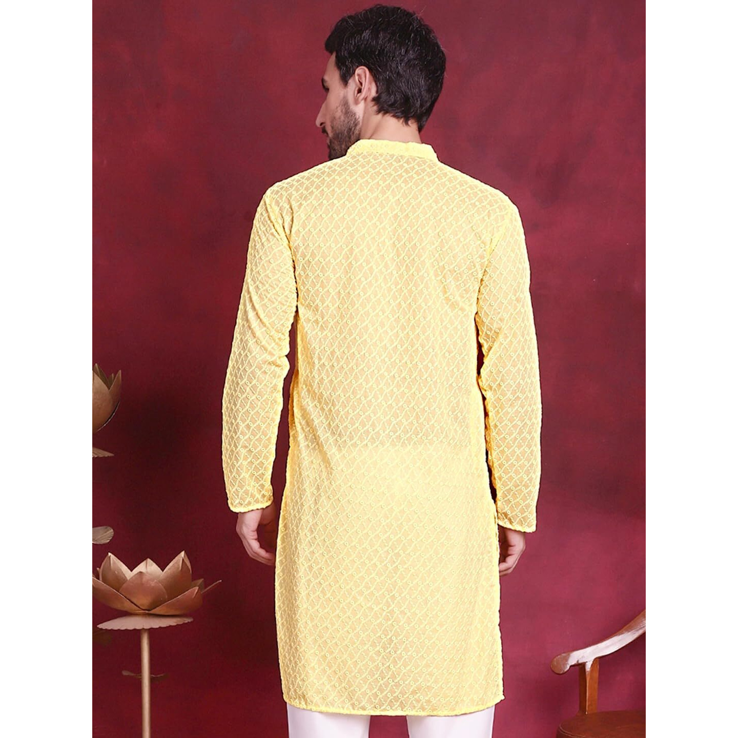 Jompers Chikankari Pure Cotton Kurtas For Men (Yellow, S)