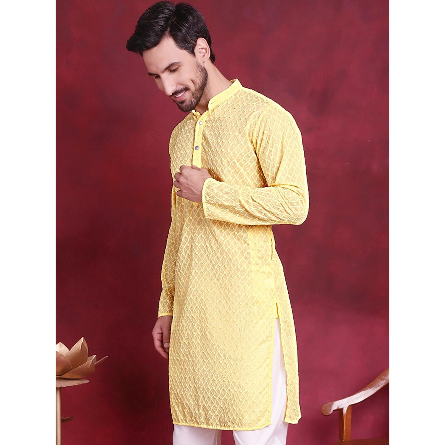 Jompers Chikankari Pure Cotton Kurtas For Men (Yellow, S)