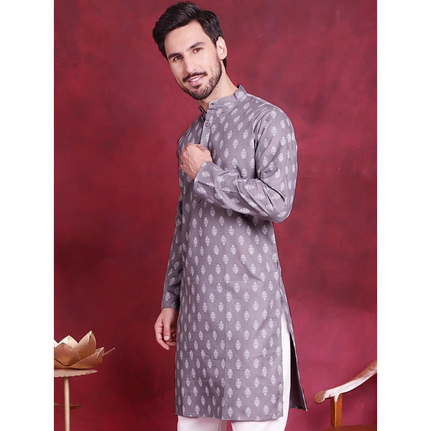 Jompers Dark-Grey Floral Printed Kurtas For Men (Dark-Grey, Xl)